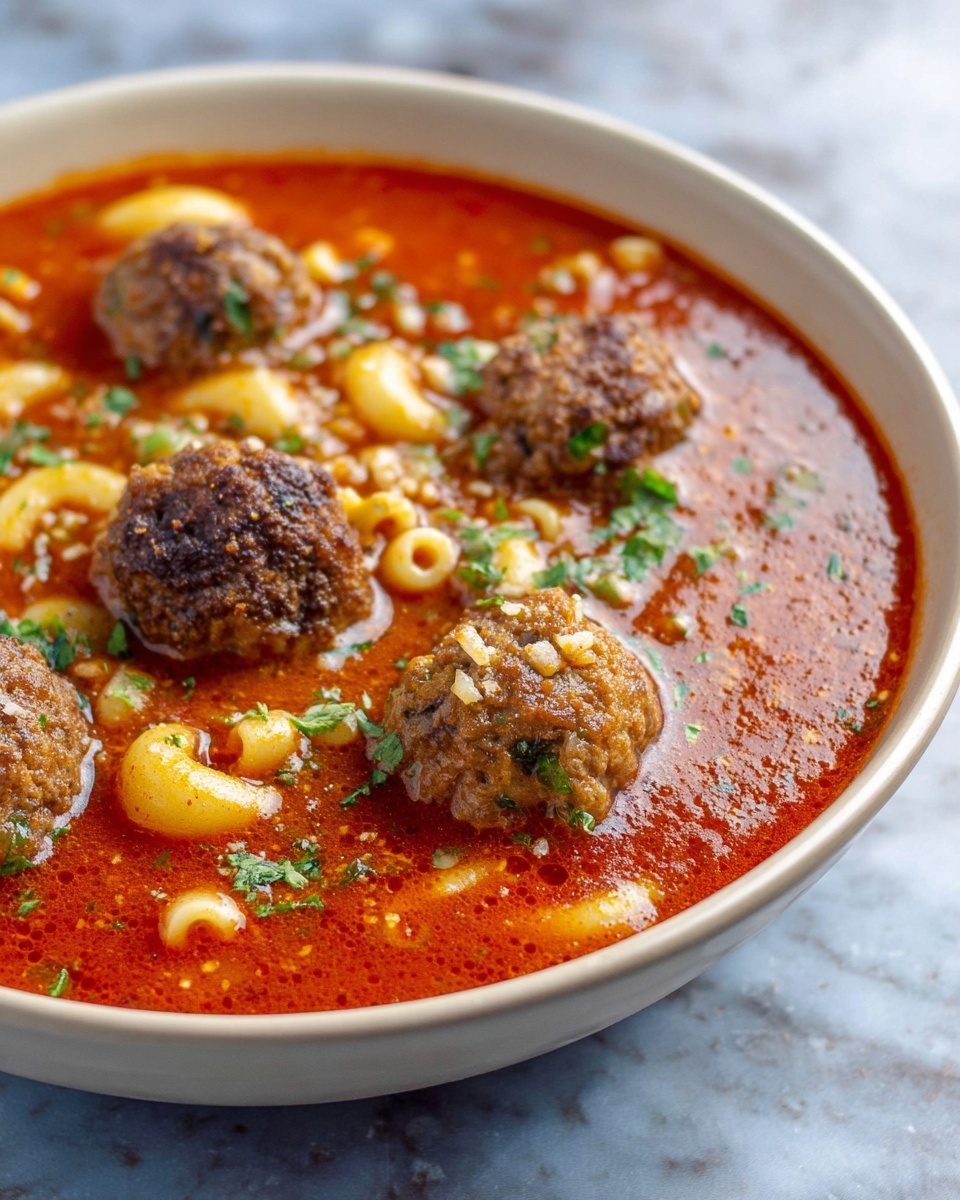 A black cast iron pot filled with a rich red tomato soup with visible chunks of orange carrots, green celery, and small pasta shapes floating throughout. There are round browned meatballs scattered in the soup, some partly submerged and some floating on top. Fresh green herbs are sprinkled over the soup, adding a touch of color. A wooden spoon rests inside the pot, partially submerged in the soup. The pot sits on a rough, beige burlap cloth over a dark wooden table with a white marbled texture background. Photo taken with an iphone --ar 4:5 --v 7