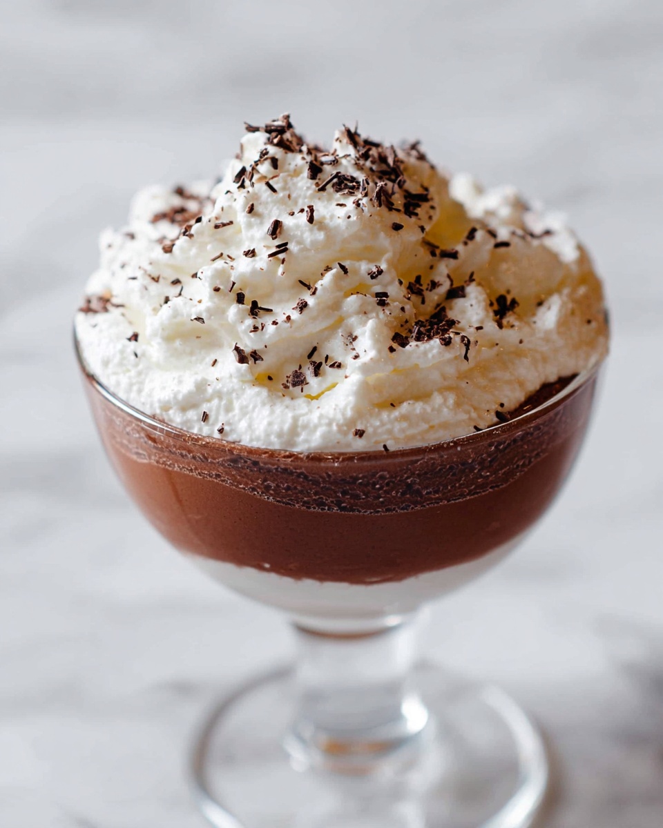 A clear glass dessert cup with a long stem holds a two-layer drink. The bottom layer is smooth and light brown, filling most of the cup. The top layer is fluffy white whipped cream, thickly piled and swirled all over the top. Small dark chocolate shavings are scattered on the whipped cream, adding texture and contrast. The cup is set on a white marbled surface, with a soft, light background. photo taken with an iphone --ar 4:5 --v 7