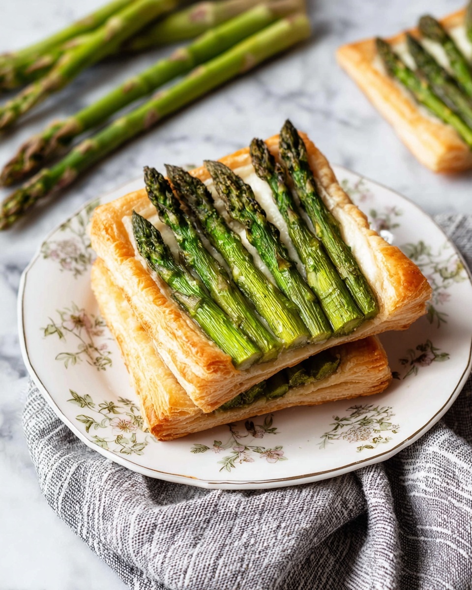 The image shows three square asparagus tarts stacked on a white plate with a floral pattern. Each tart has a golden brown, flaky puff pastry base with slightly raised edges. On top, there is a creamy white layer, likely cheese or sauce, covered by bright green asparagus spears arranged neatly in parallel lines, pointing toward one edge. The asparagus has a light shine and some slight roasting marks. The plate is placed on a white marbled surface with a few fresh asparagus stalks and a striped grey cloth nearby. Photo taken with an iphone --ar 4:5 --v 7