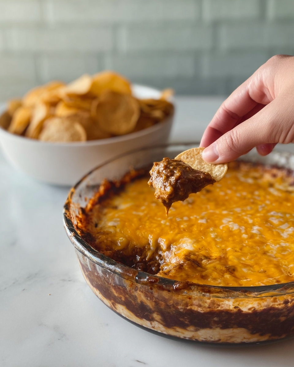 A clear glass round dish filled with a hot dip showing two layers: a thick orange melted cheese layer on top and a dark brown baked layer underneath. A woman's hand is holding a round crisp chip dipped in the cheesy top layer and some brown underneath, showing the dip's texture. Behind, there is a white bowl filled with more round crisp chips. The scene is set on a white marbled surface with a blurred light textured wall in the background. photo taken with an iphone --ar 4:5 --v 7