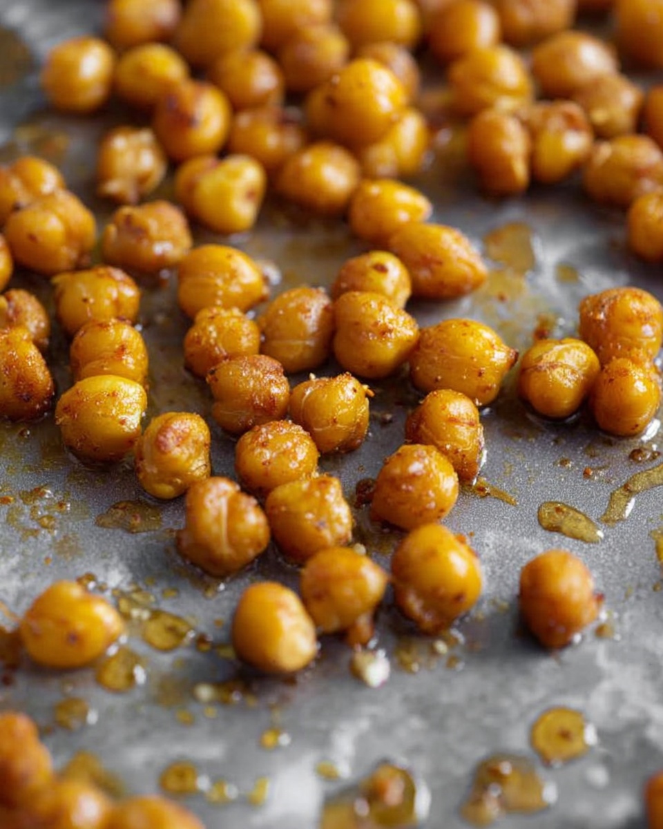 The image shows a close-up view of crispy golden roasted chickpeas spread unevenly on a gray baking tray with droplets of oil and seasoning scattered around them, some chickpeas clustered together while others are more spaced out, their surface shiny and textured with small wrinkles, reflecting warm light that highlights their crunchy look, all set on a white marbled texture surface. photo taken with an iphone --ar 4:5 --v 7