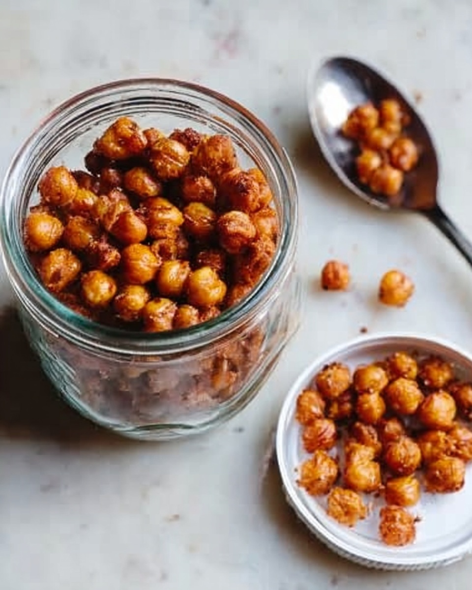 A clear glass jar filled with crunchy roasted chickpeas, golden brown and shiny, is placed on a white marbled surface. Next to the jar is a white lid holding a small pile of the same roasted chickpeas, showing their round shape and crispy texture. A metallic spoon with a reflective surface lies nearby, completing the simple setup. The photo is taken from above, focusing on the jar and giving a clear look at the chickpeas inside. photo taken with an iphone --ar 4:5 --v 7