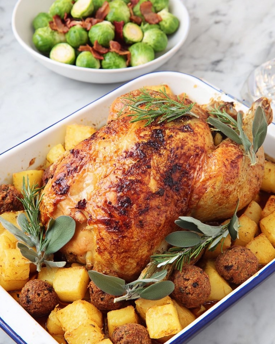 A roasted golden-brown chicken with crispy skin sits in the center of a white rectangular baking dish with a thin blue rim. Surrounding the chicken are golden-yellow roasted potato cubes and small browned meatballs scattered around. Fresh green rosemary and sage sprigs are placed on top and around the chicken, adding a pop of color and texture. In the background, a white bowl contains bright green Brussels sprouts mixed with bacon pieces on a white marbled surface. The photo taken with an iphone --ar 4:5 --v 7