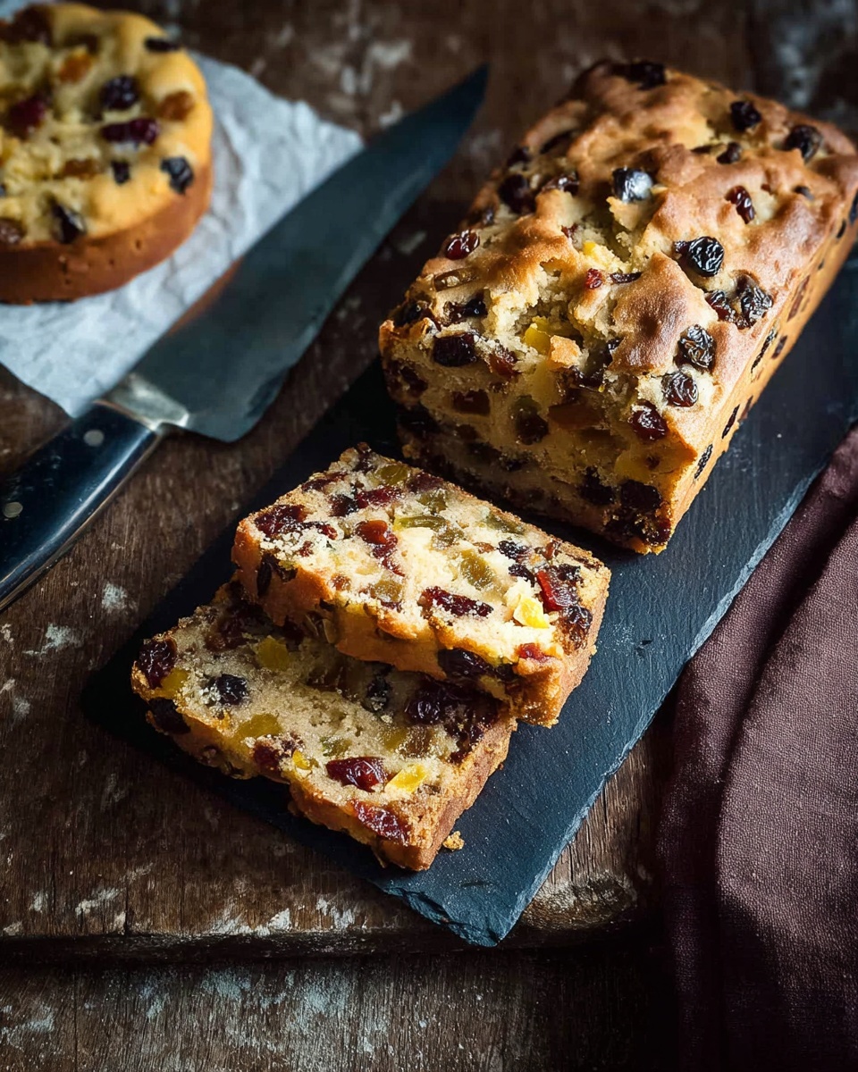 The image shows two golden-brown nut and fruit loaves with a rough, textured crust full of nuts and dark dried fruit pieces. One loaf is whole and placed on a dark gray rectangular board, with a knife beside it. The other loaf is on a piece of white parchment paper to the left, appearing smaller and more irregular in shape. The background is a worn wooden surface with scratches, a dark brown textured towel lies nearby, and a dark round bottle is visible in the top right corner. photo taken with an iphone --ar 4:5 --v 7