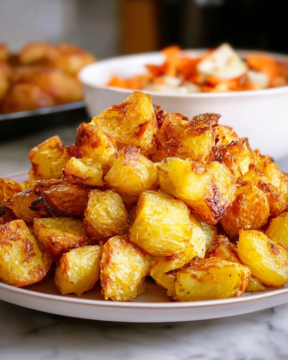 The image shows a close-up of a black bowl filled with roasted potato pieces. The potatoes are cut into small, uneven chunks with golden-brown, crispy edges and soft-looking yellow interiors. Some pieces have darker browned spots, and there are visible small green herb flakes sprinkled throughout, giving a fresh touch. The bowl is resting on a white marbled surface. photo taken with an iphone --ar 4:5 --v 7