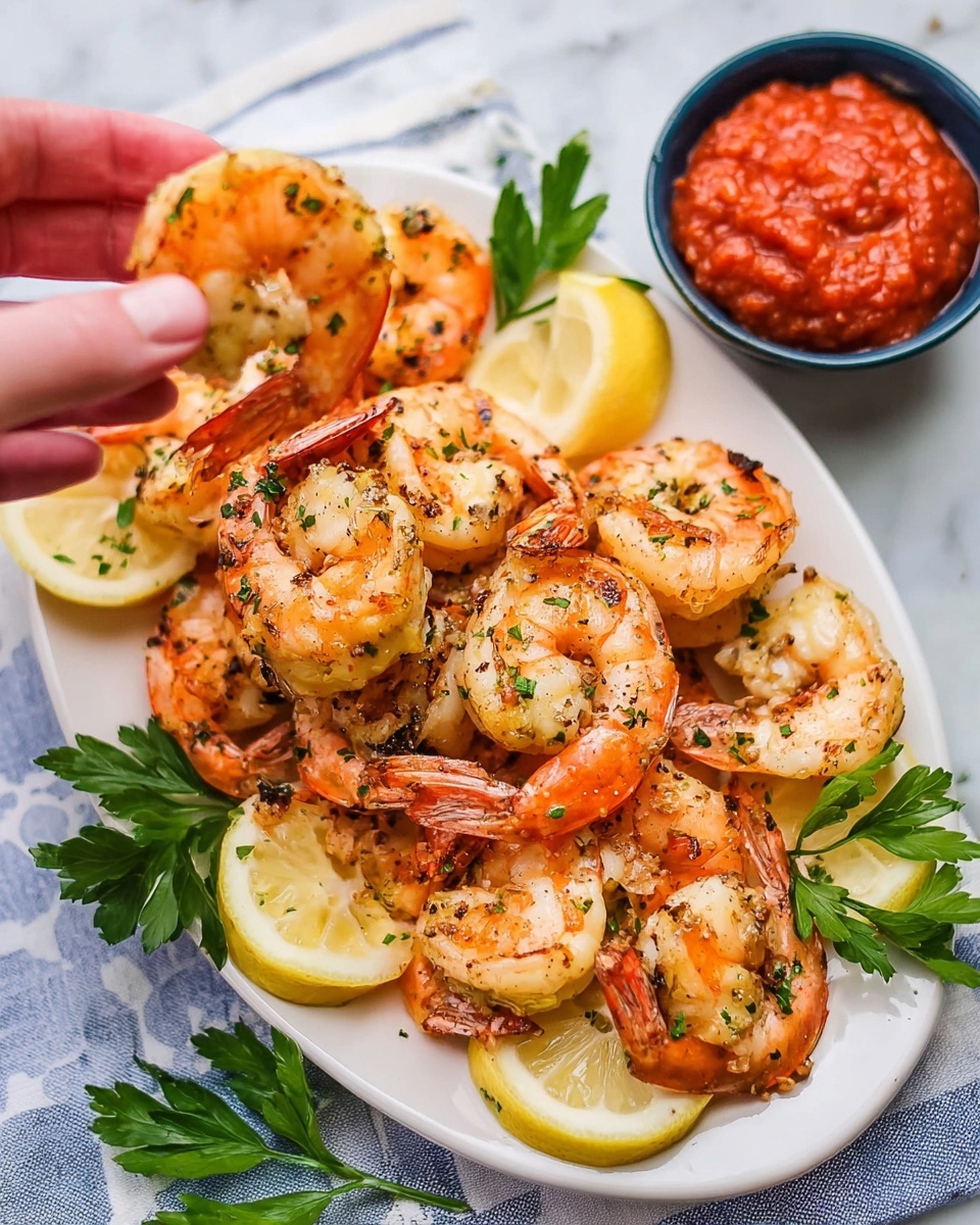 A white oval plate filled with two layers of grilled shrimp that have a light orange and white color with charred spots, garnished with small green parsley pieces scattered on top. Lemon wedges are placed around the shrimp, with one wedge tucked under some shrimp near the center. Green parsley leaves decorate the sides of the plate. A woman's hand is holding one shrimp above the plate. Next to the plate is a small dark blue bowl filled with chunky red cocktail sauce, all set on a white marbled surface. photo taken with an iphone --ar 4:5 --v 7
