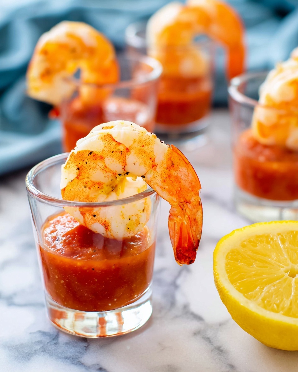 The image shows multiple clear glass cups, each filled about one-third with red cocktail sauce at the bottom. A large cooked shrimp with an orange and white color is placed around the rim of each cup, its tail hanging outside. In the foreground, half a lemon with a bright yellow rind and juicy inside is placed on a white marbled surface, adding a fresh look to the scene. The background includes a blurred blue cloth, giving a soft color contrast. photo taken with an iphone --ar 4:5 --v 7