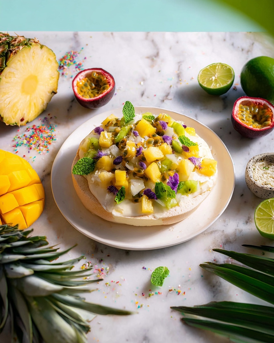 The image shows a white plate holding a round dessert with three main layers. The bottom layer is thick, toasted and light beige, folded slightly at the edges. The second layer is a mix of small yellow pineapple pieces, bright green kiwi slices, and some white coconut flakes scattered on top. The top layer has small purple edible flowers and some fresh green mint leaves spread evenly. The plate is set on a white marbled surface with halves of passion fruit, lime slices, a green pineapple, and colorful decorations around. The light is soft and natural, highlighting the colors and textures vividly. photo taken with an iphone --ar 4:5 --v 7