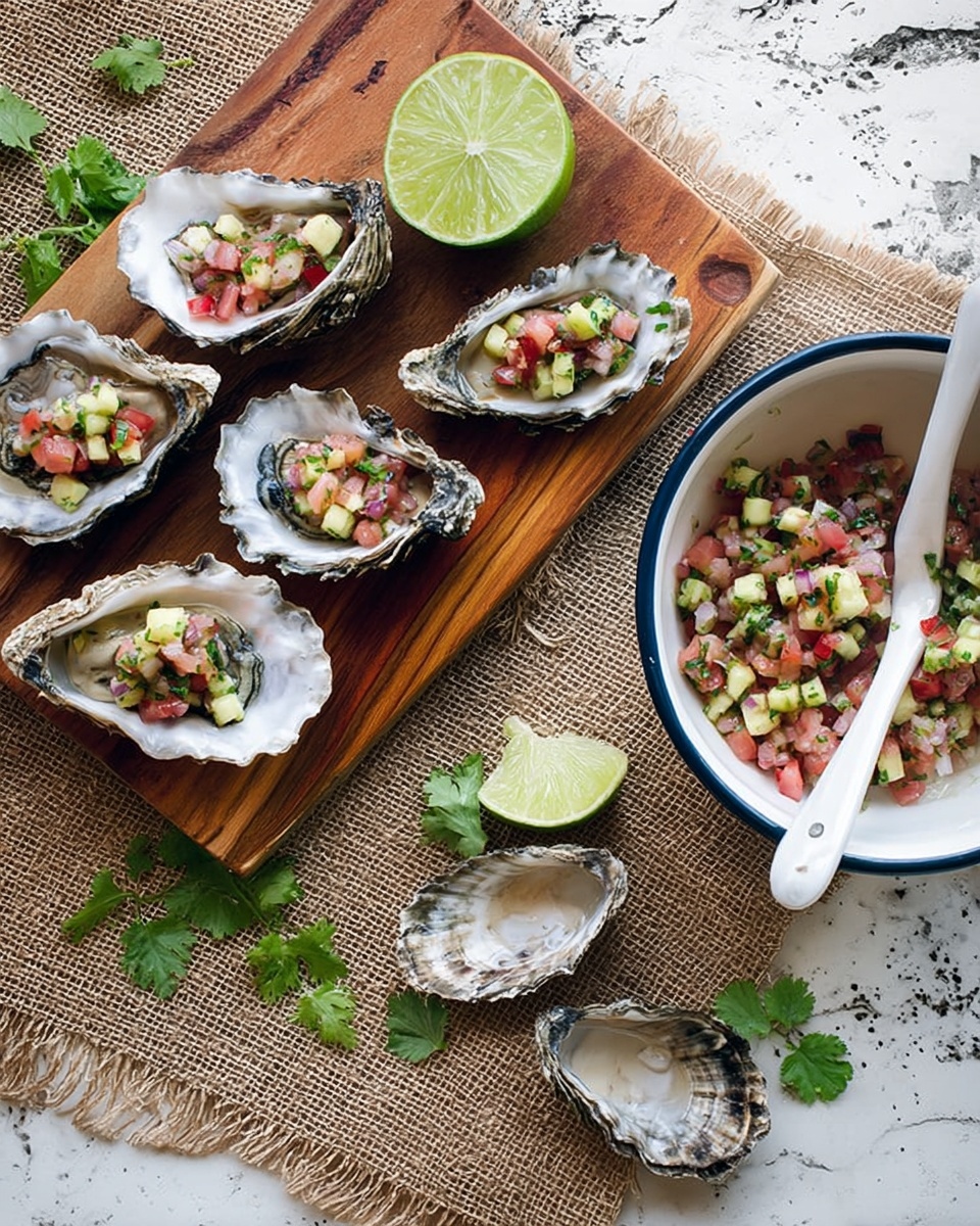The image shows six oysters on a wooden board, each oyster shell filled with a mix of small red cubes and light yellow chunks on top of the oyster meat, with some green herbs scattered inside and under the shells. Two green lime halves are placed on the board, one at the top and one at the bottom. Fresh green herb leaves are scattered on the board around the oysters. To the right, there is a white bowl with a blue handle filled with the same mix as on the oysters, with a white spoon in it. Below the bowl, there are two empty oyster shells on a piece of coarse burlap fabric placed over the white marbled surface. photo taken with an iphone --ar 4:5 --v 7