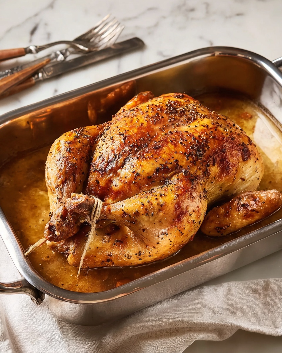 A whole roasted chicken with golden-brown, crispy skin covered in black pepper and seasoning sits in a shiny metal roasting pan filled with light brown juices. The legs are tied together with string, and the chicken’s surface shows a textured, slightly uneven roast pattern. The pan is placed on a white marbled surface with a white cloth partially visible underneath. Nearby, a fork and carving knife with silver handles lie on the surface, ready for serving. Photo taken with an iphone --ar 4:5 --v 7