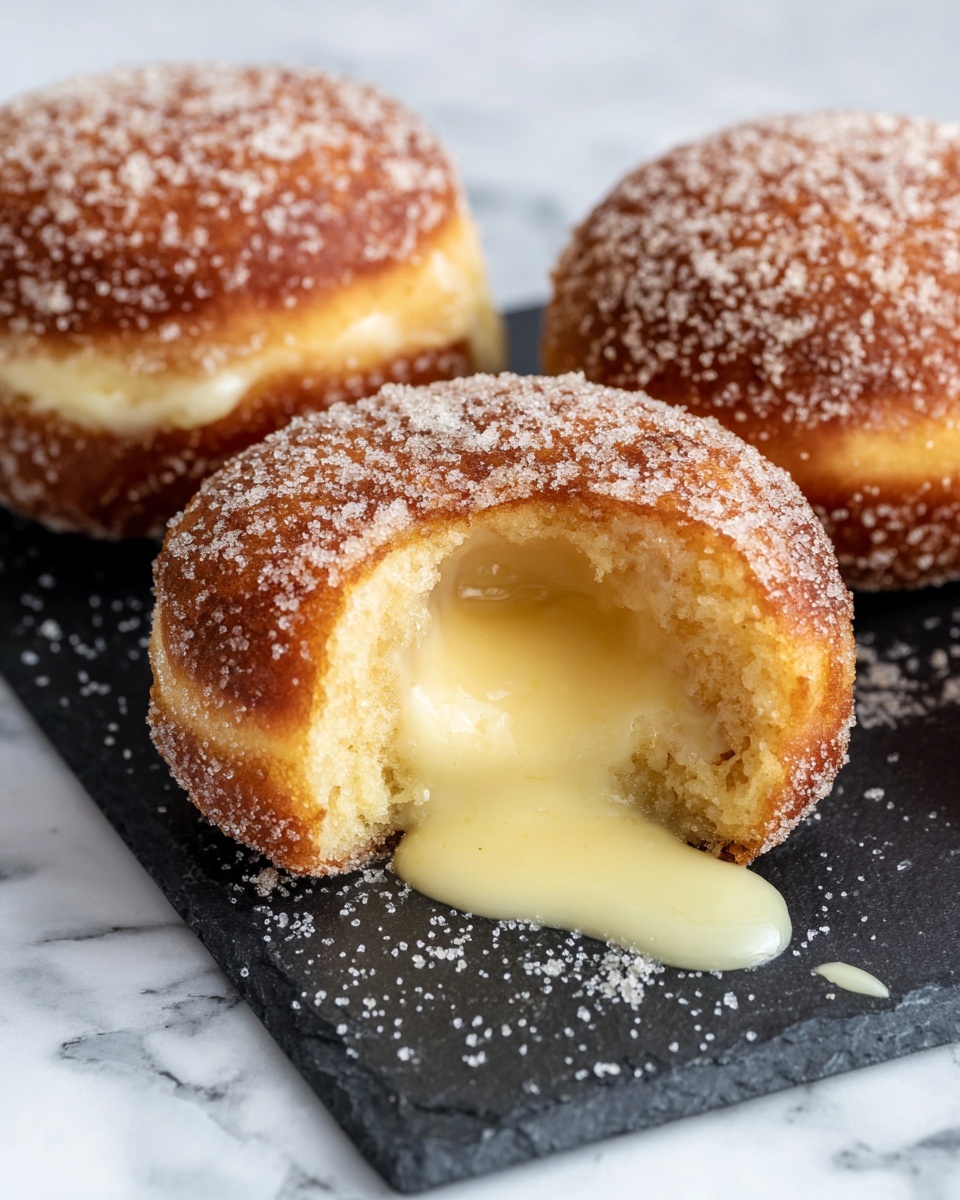 The image shows three round donuts covered with sugar on a black slate board over a white marbled surface. The donuts have a golden brown outer layer sprinkled with granulated sugar. One donut is bitten in half, revealing a soft, light yellow interior with creamy, smooth custard filling oozing out from the center onto the slate board. The other two donuts have small amounts of the same creamy filling visible from their sides. The texture of the donuts looks fluffy and slightly porous, with the sugar creating a grainy surface. photo taken with an iphone --ar 4:5 --v 7