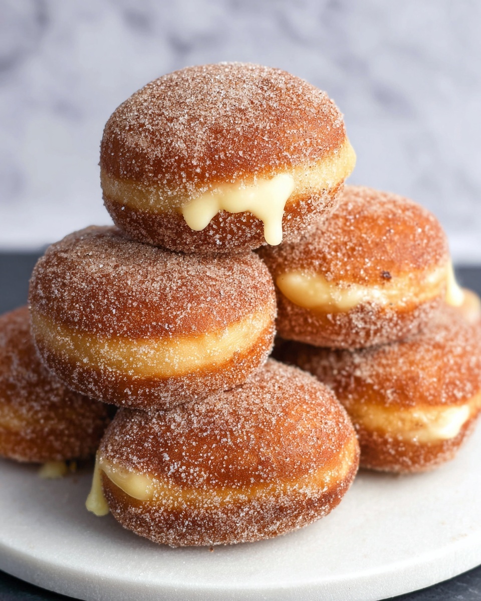 A stack of five round filled donuts is placed on a white plate with a white marbled surface underneath. Each donut is coated with fine granulated sugar, showing a rough, grainy texture. The donuts have a golden-brown color with a soft, fluffy look. Creamy yellow filling slightly oozes out from the side of each donut, creating small drips that contrast with the sugar coating. The donuts overlap in a small pyramid shape, showing different sides and edges of the donuts. Photo taken with an iphone --ar 4:5 --v 7