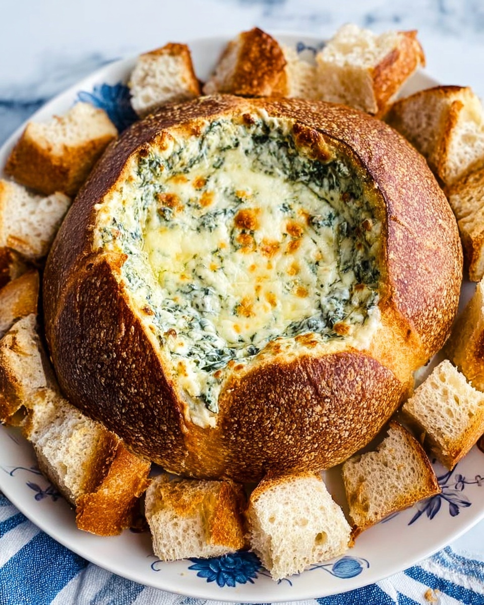 A round hollowed-out bread bowl with a golden-brown crust holds a creamy spinach and cheese dip inside, showing melted, slightly browned cheese mixed with green spinach throughout. The bread bowl is surrounded by irregular chunks of toasted bread with crusts and soft centers visible, all placed on a white plate with delicate blue floral accents. The plate sits on a white marbled surface with a blue and white striped cloth partly visible underneath. The colors are warm and inviting, with a crispy texture on the bread crust and a smooth, cheesy appearance in the dip. Photo taken with an iphone --ar 4:5 --v 7
