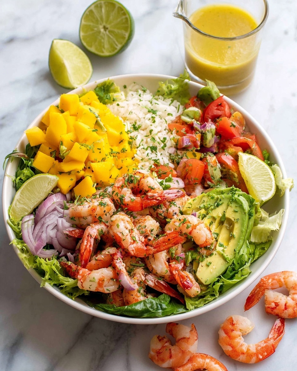 A white bowl filled with a colorful shrimp salad on a white marbled surface. The base layer is fresh green lettuce leaves. On top, there are bright yellow diced mango pieces on one side, and white rice with a lime slice on the other. Next to the mango, there are chunks of green avocado mixed with small tomato halves, and a few red onion slices scattered around. The center is piled with small cooked shrimp, garnished with chopped herbs. Around the bowl are three whole cooked shrimp, two lime wedges, and a clear glass filled with yellow dressing. The photo taken with an iphone --ar 4:5 --v 7