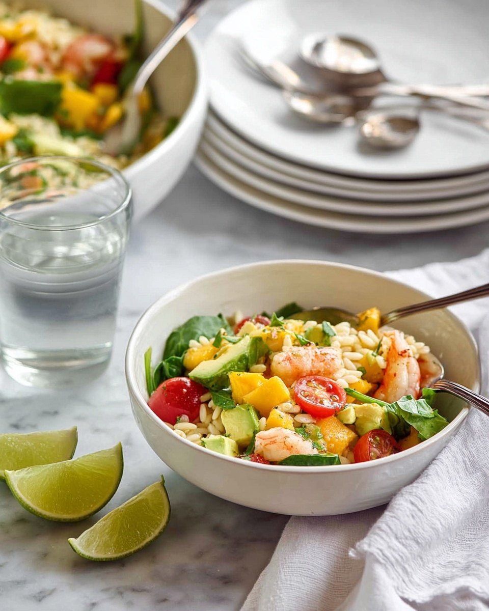 A white bowl filled with a colorful salad showing three main layers: at the bottom, there is a layer of light beige orzo pasta, followed by chunks of orange mango and green avocado mixed with dark green leafy spinach, and topped with pieces of light orange shrimp and halved red cherry tomatoes. The salad has a fresh and moist texture, with a silver spoon resting inside the bowl. Next to the bowl is a white cloth with two lime slices on it, and a glass of clear water. In the background, there is a larger white bowl with the same salad mix and two silver serving spoons placed on a stack of white plates, all set on a white marbled surface. Photo taken with an iphone --ar 4:5 --v 7