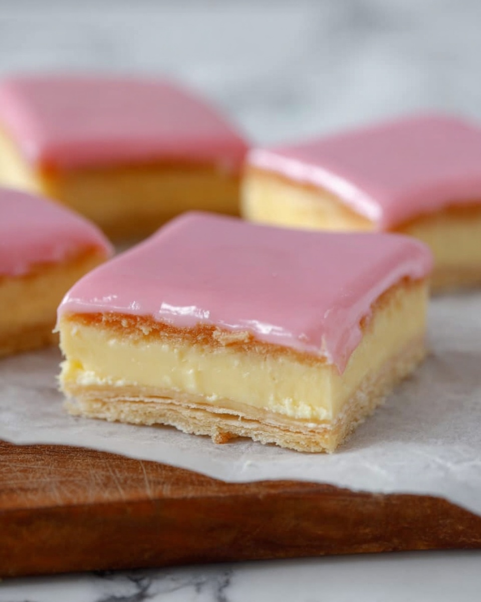 The image shows square dessert slices with three layers. The bottom layer is thin, flaky, and light brown, like a crisp pastry. The middle layer is thick, smooth, and creamy with a pale yellow color. The top layer is a shiny and smooth pink glaze that covers the entire surface evenly. The slices are placed on white parchment paper on a wooden surface, with a white marbled background. The focus is on one slice in the front, with a few more blurred pieces in the background. photo taken with an iphone --ar 4:5 --v 7