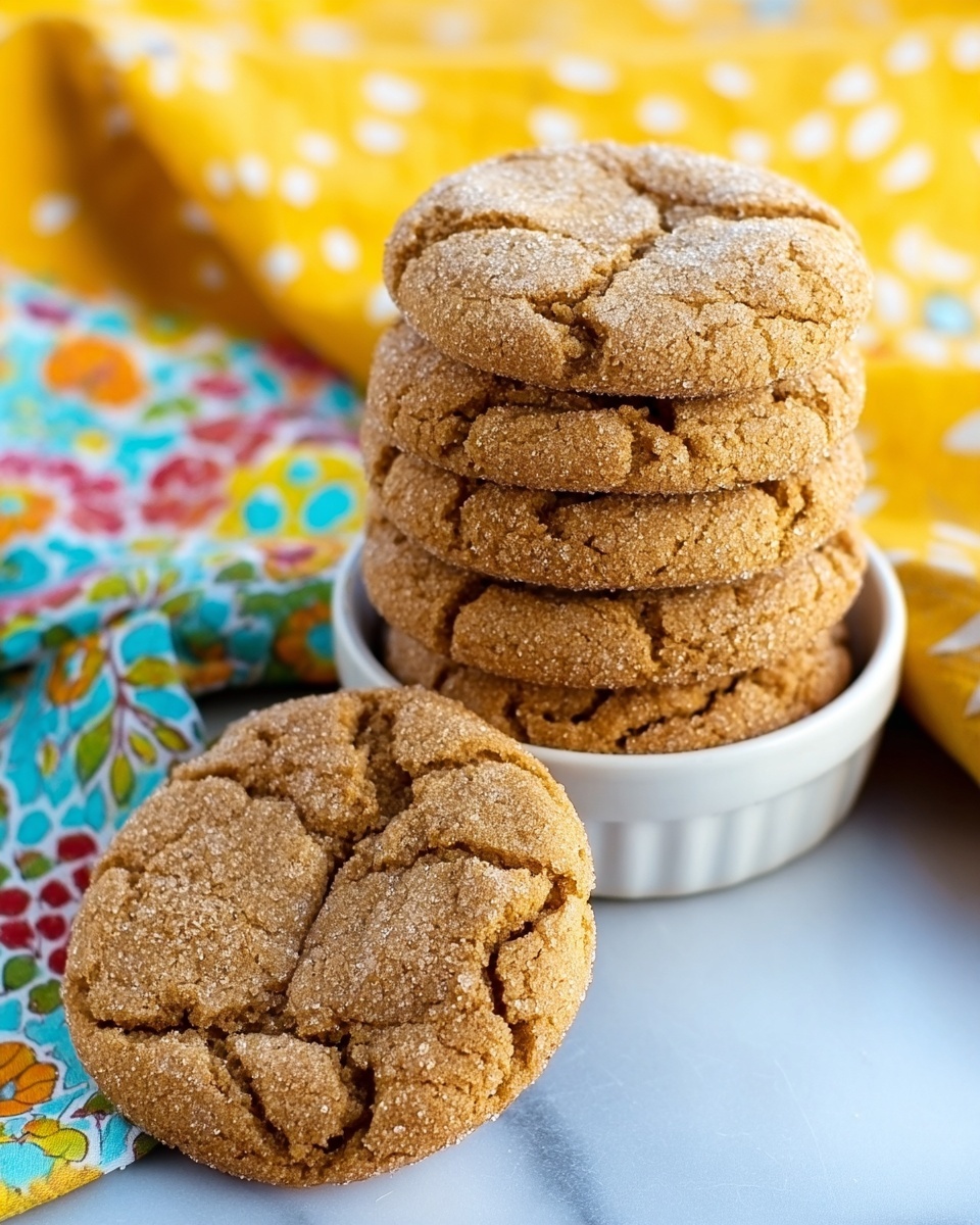 A stack of five round brown cookies with a slightly cracked surface and a sugar-dusted texture sits on a bright yellow patterned cloth on a white marbled surface. The cookies have a rough, crumbly look with a warm golden-brown color. Behind the stack, there is a white bowl filled with more cookies, slightly blurred, on a white cloth with colorful flower patterns. The background is dark and blurred to make the cookies stand out. photo taken with an iphone --ar 4:5 --v 7
