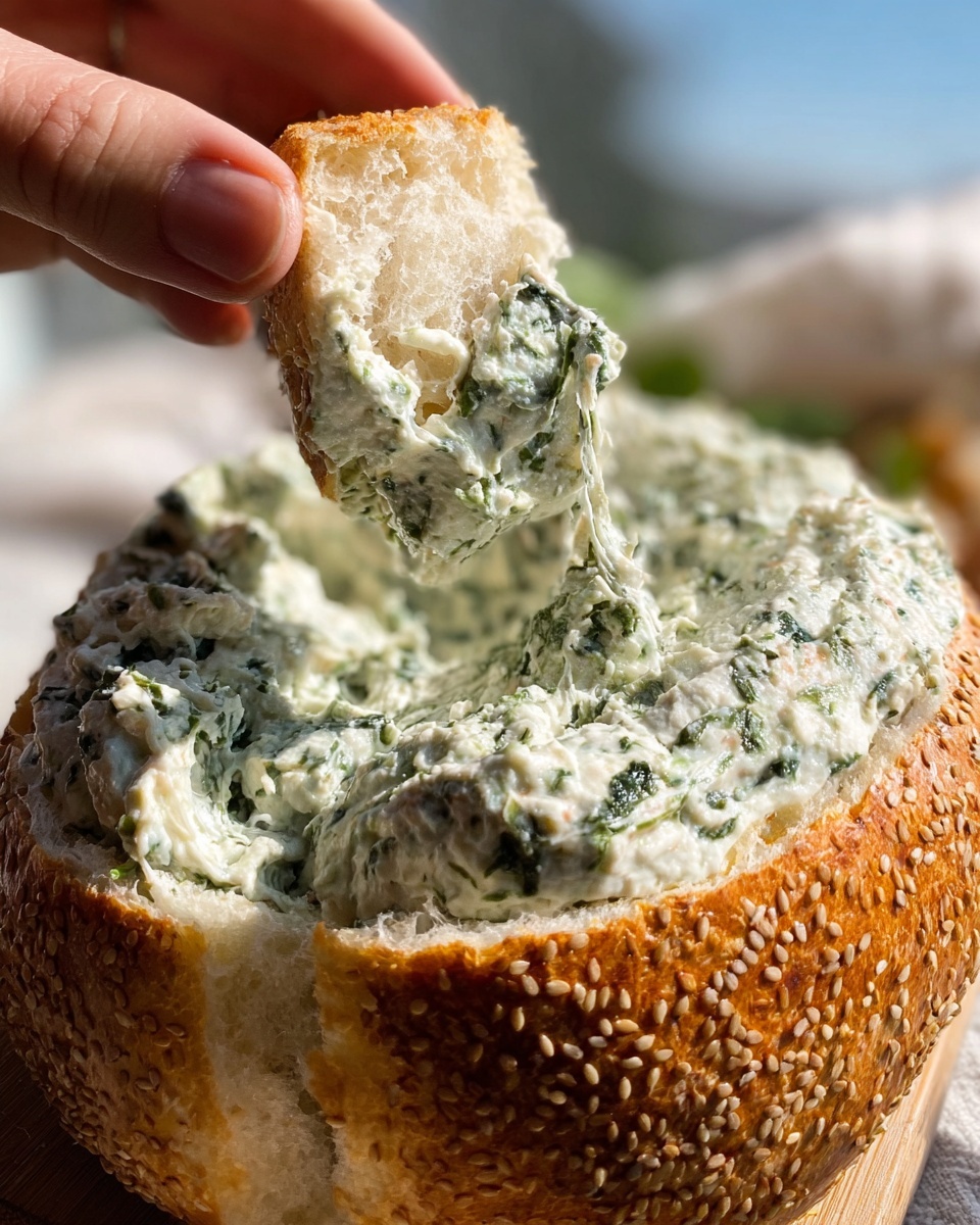 A thick, creamy dip with visible green herbs is spread inside a hollowed-out white sesame seed bread bowl, creating one main layer. A woman's hand holds a small piece of the same bread, showing the dip clinging to its soft, white inside. The bread’s crust is golden brown with sesame seeds, and the texture of the dip looks rich and slightly chunky with bits of green herbs mixed throughout. The background is softly out of focus, and the overall setting is bright with natural light. photo taken with an iphone --ar 4:5 --v 7