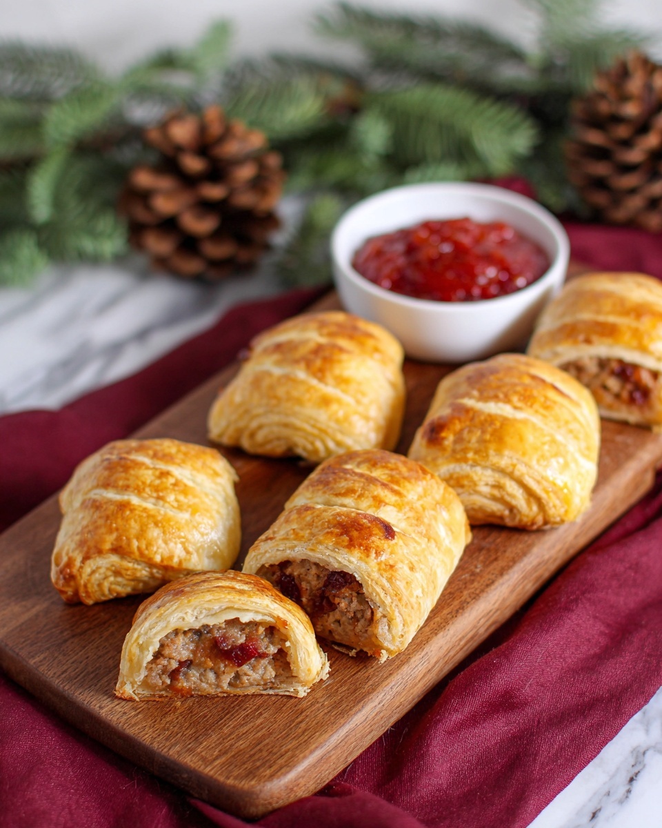 The image shows golden brown pastry pockets with a shiny, slightly crispy outer layer, each folded and sealed neatly to hold a filling. The filling is visible where the pastry is open, showing a mix of light brown meat and bright red pieces of fruit or sauce inside. The pastries are stacked on a wooden board, which rests on a dark red cloth. The background features blurred green pine branches and a white marbled surface, adding a fresh holiday feel. photo taken with an iphone --ar 4:5 --v 7