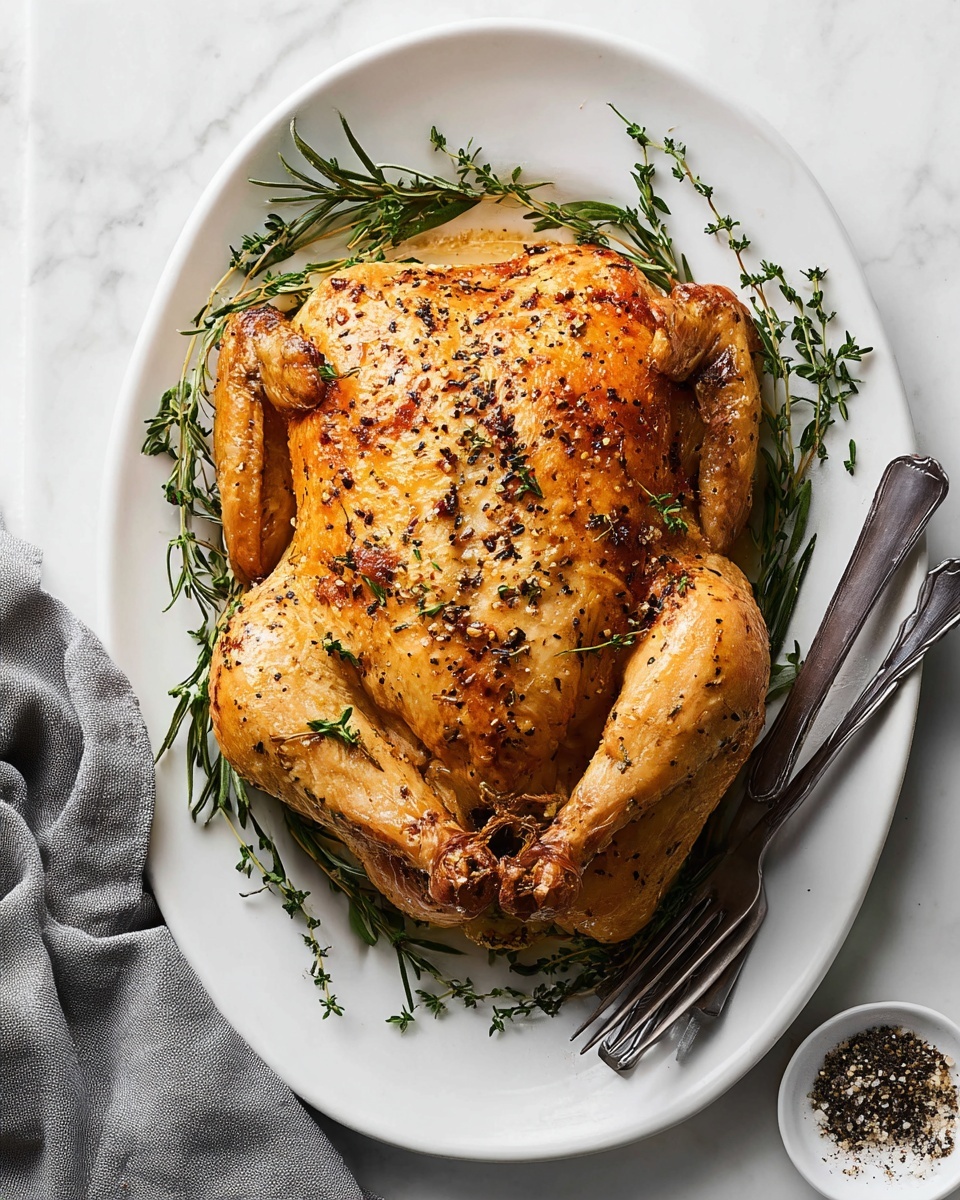 A whole roasted chicken with golden brown skin sprinkled with black pepper and herbs, laid flat on a white oval plate. The chicken has two folded wings and two legs tied close together at the front bottom. Green sprigs of rosemary and thyme surround the chicken on the plate, with some thyme leaves scattered on top of the bird. To the right side of the plate is a silver fork and knife resting on the edge. The plate sits on a white marbled surface with a folded gray cloth napkin to the left. A small round bowl with pepper and salt is partially visible at the bottom right corner. Photo taken with an iphone --ar 4:5 --v 7