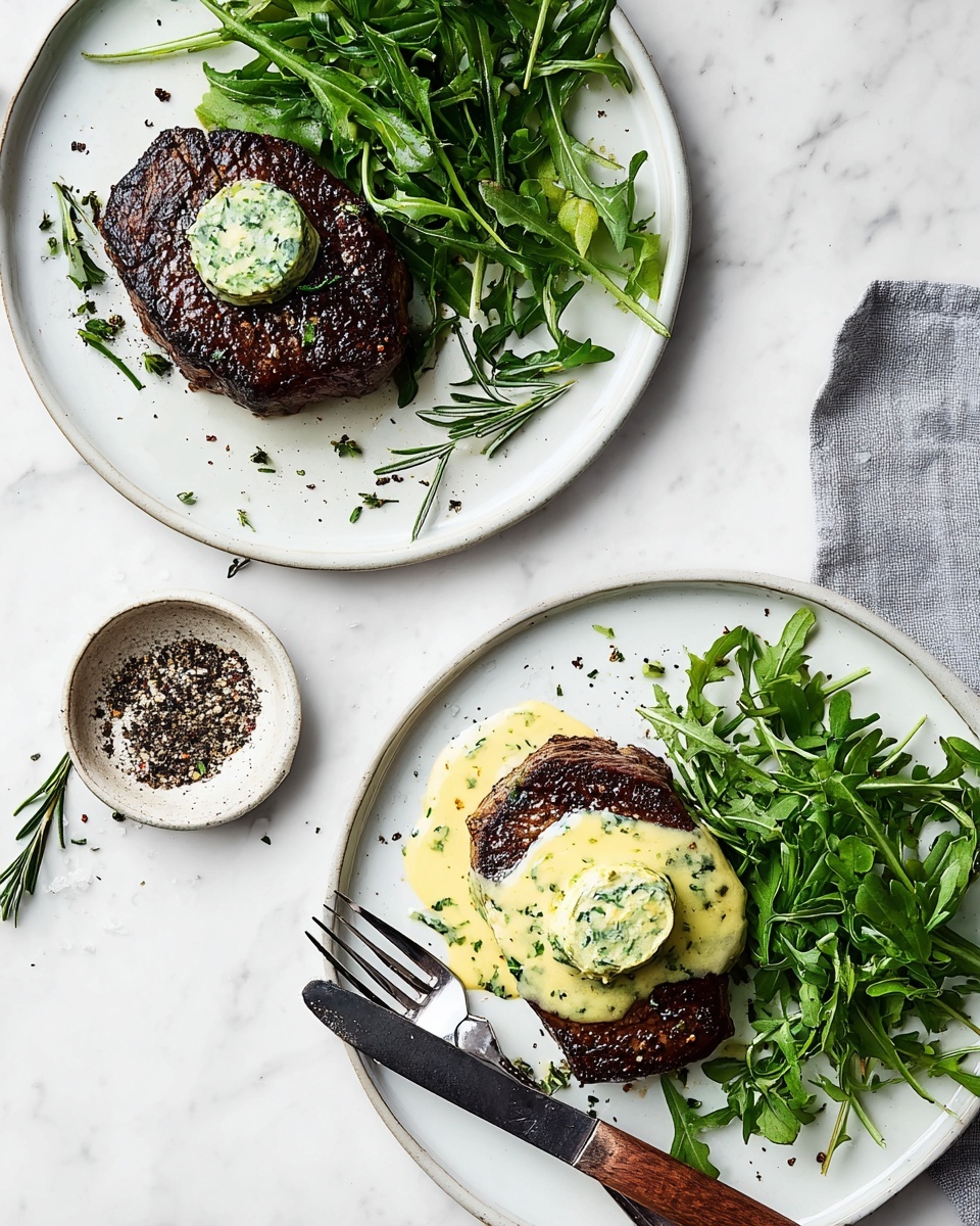 Two white plates sit on a white marbled surface, each holding a dark brown seared steak as the main layer. On top of the steak in the upper plate, there is a smooth round green herb butter pat. On the lower plate, the steak is covered by a creamy light yellow sauce with green herbs and small rosemary sprigs. Both plates have a side of fresh green arugula leaves, some scented with cracked black pepper and drizzled with a light yellow dressing. A small ceramic bowl with black pepper and salt sits nearby, and a wooden-handled knife and fork rest on the bottom plate’s edge. Photo taken with an iphone --ar 4:5 --v 7