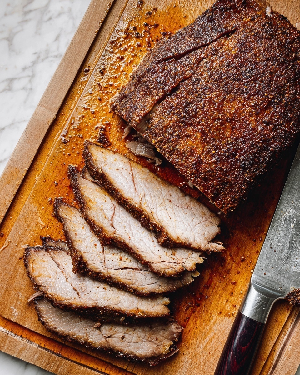 A thick, rectangular piece of cooked meat with a dark brown, textured crust sits on a wooden cutting board. On the left side, six thin slices of the meat are fanned out, showing a light brown interior with a thin dark crust edge. On the right side, a large knife with a dark handle rests on the cutting board, its shiny silver blade slightly stained. The cutting board shows small meat juices and seasoning spots. The background is a white marbled texture photo taken with an iphone --ar 4:5 --v 7
