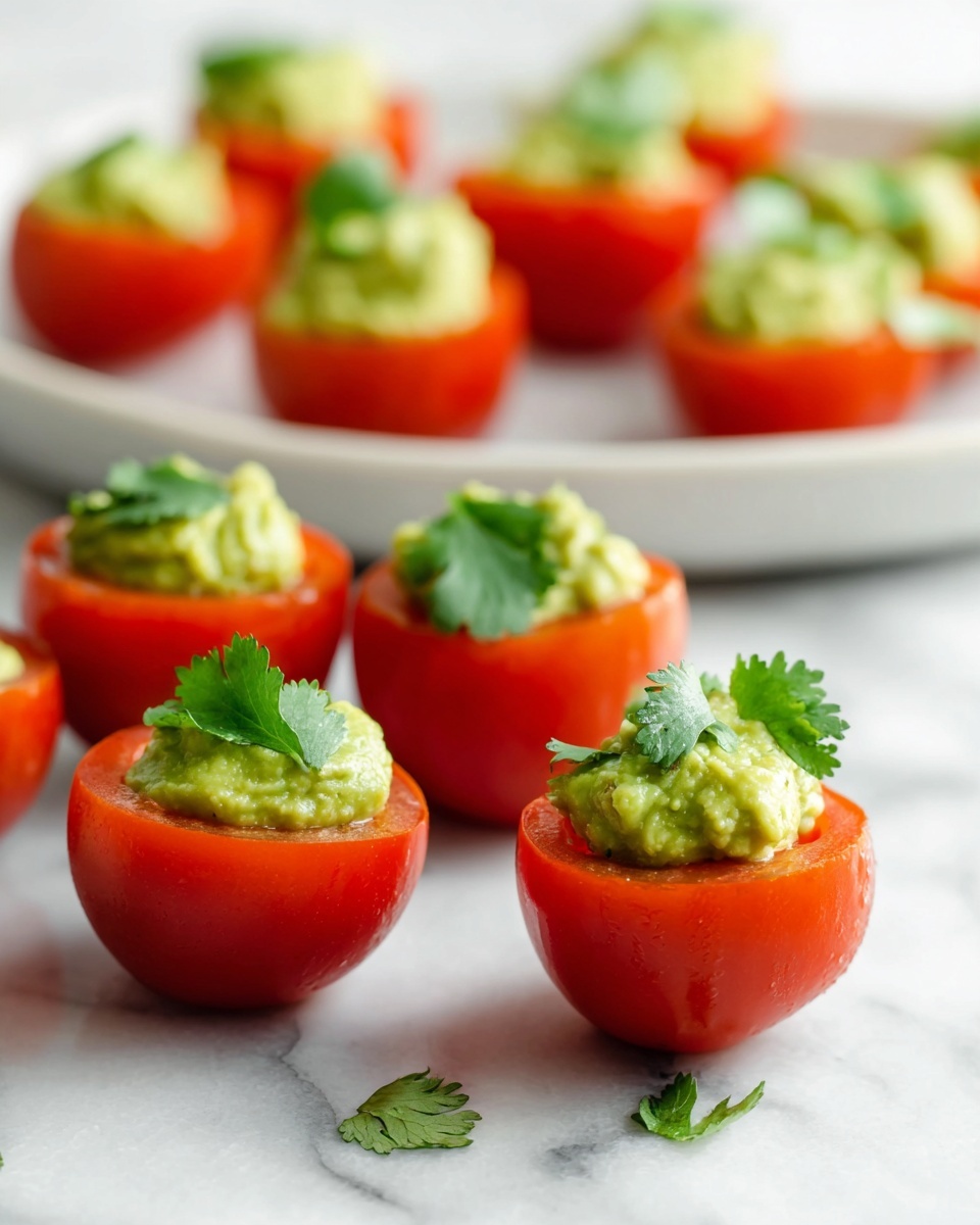 Small bright red tomato halves sit on a white marbled surface, each filled with a dollop of light green creamy guacamole topped with small green cilantro leaves, arranged in a group with some on a white plate in the background and a few on the surface closer to the camera, showing the smooth and slightly shiny texture of the tomato skin and the chunky creamy texture of the guacamole photo taken with an iphone --ar 4:5 --v 7