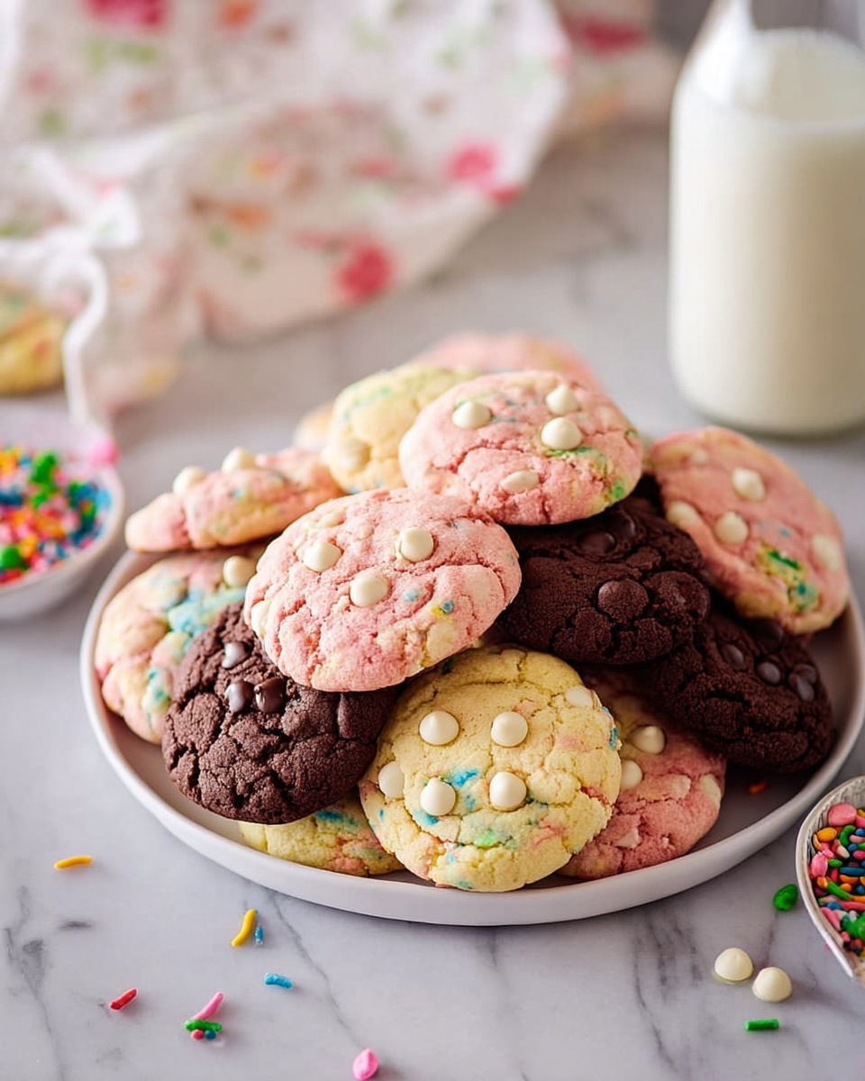 A white plate full of three layers of colorful cookies: the bottom layer has pink cookies with white chips, the middle layer has dark brown cookies with chocolate chips, and the top layer has yellowish cookies decorated with small colorful candy pieces and sprinkles. Around the plate, more cookies rest on a white marbled surface including a yellow cookie with colorful candy pieces and two dark brown cookies with small colorful candies. To the left, a spatula with a black handle lies partly on a floral cloth. Sprinkles are scattered lightly on the white marbled surface near the plate photo taken with an iphone --ar 4:5 --v 7