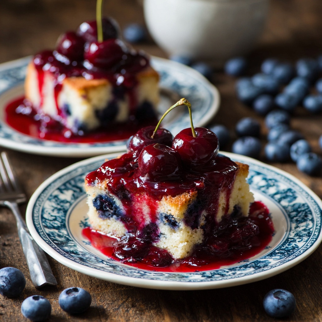 A white plate holds a square slice of blueberry dessert with clear layers visible: a crumbly beige top layer with a rough texture, a thick middle cream layer, and a deep purple-blue bottom layer filled with blueberries. On top of the dessert are whole dark red and bright red cherries covered in a shiny, thick red sauce that pools around the block on the plate. A blurred second plate with the same dessert and cherries is seen in the background, all set on a white marbled surface. The photo taken with an iphone --ar 4:5 --v 7
