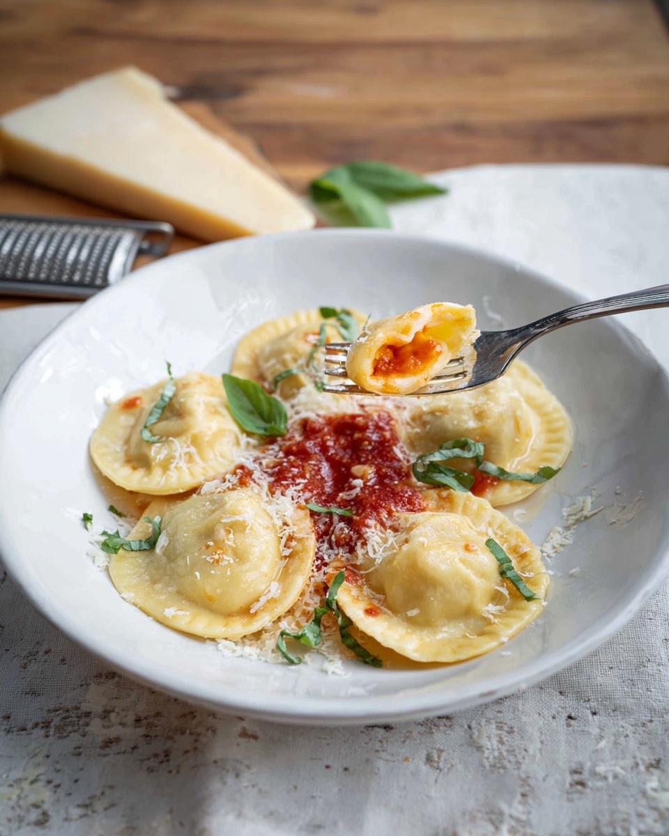 In a white bowl on a white marbled surface, there are four large tortellinis arranged in a circle, each having a smooth light yellow dough with a slightly glossy texture. In the center of the circle, there is a small, round bright red tomato. Between the tortellinis, dark green fried sage leaves are placed, adding contrast to the dish. The tortellinis and tomato are lightly covered with finely grated white cheese, giving a delicate snowy effect. The bowl is set on a rustic wooden table with a piece of pale cheese and a red-and-white striped cloth in the background. photo taken with an iphone --ar 4:5 --v 7