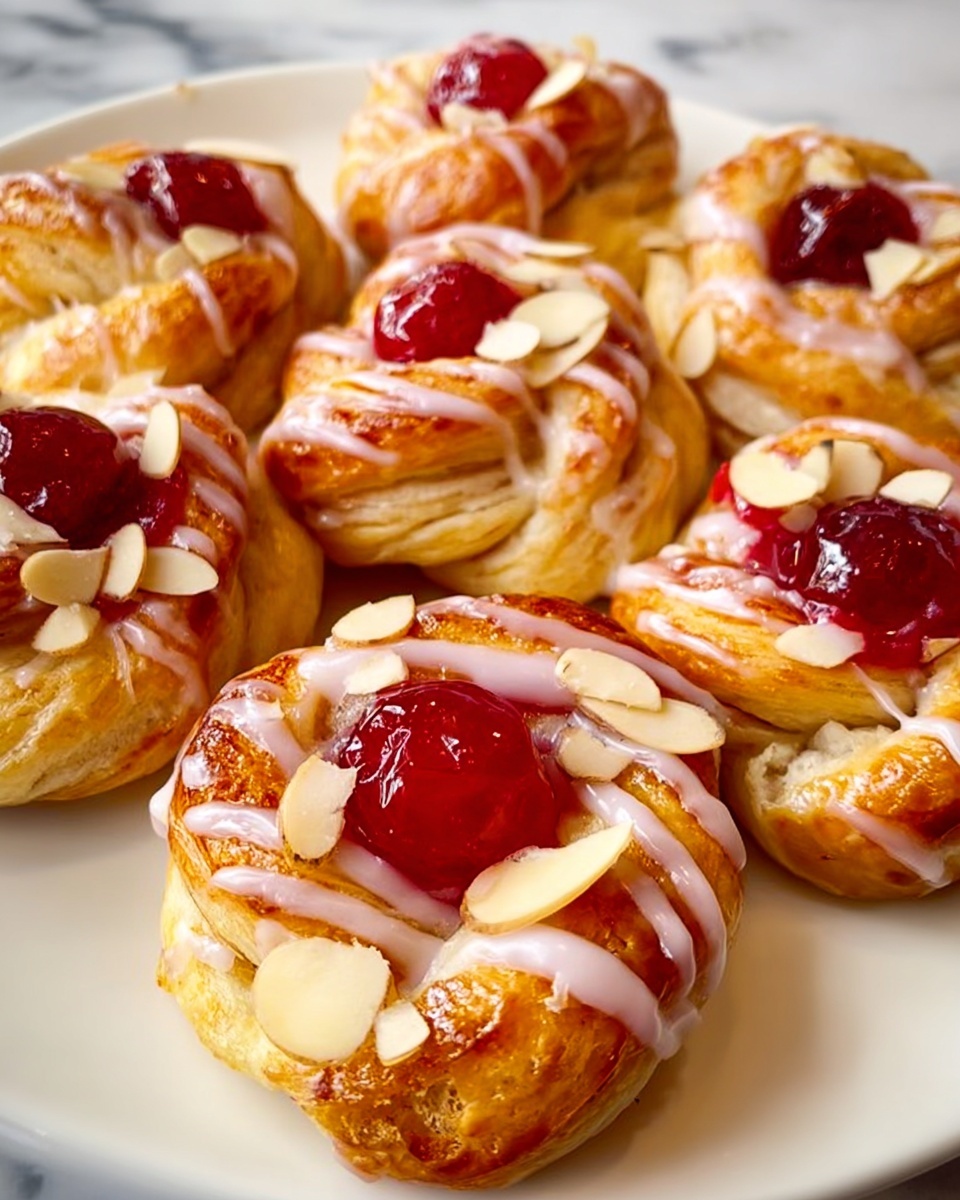 The image shows several small pastries arranged closely together on a white plate, each with a golden-brown puff pastry base that is flaky and slightly glossy. On top of each pastry is a thick, bright red berry jam that looks shiny and smooth, with a few sliced almonds scattered around, adding texture and a light cream color contrast. The pastries have a twisted, layered shape with puffed edges that catch the light, highlighting their crispy texture. The background is a white marbled surface. photo taken with an iphone --ar 4:5 --v 7