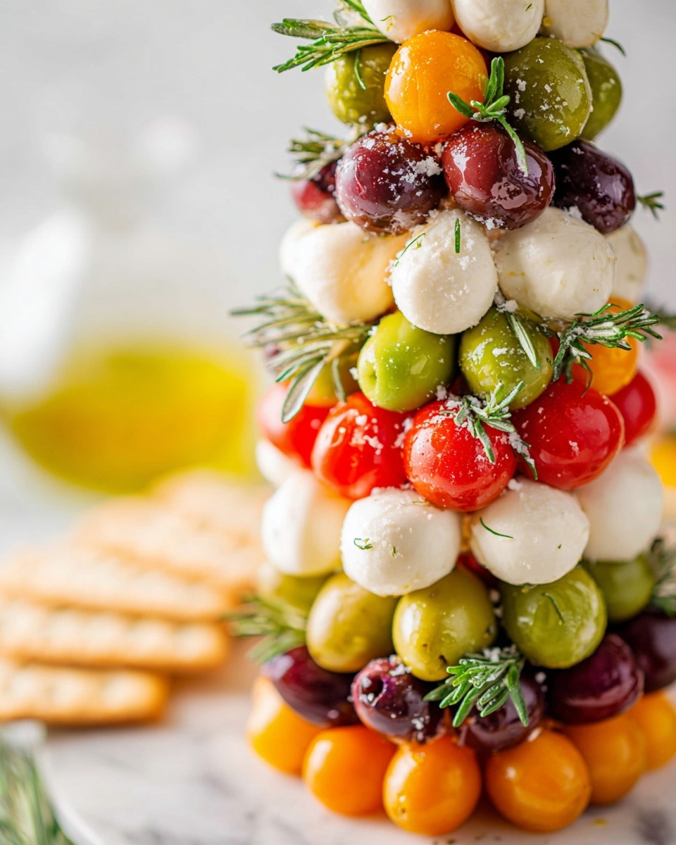 This image shows a close-up of a colorful stacked tower made with several layers of ingredients. The layers include white round balls of mozzarella, green olives, purple olives, bright red and orange cherry tomatoes, and yellow tomatoes, all mixed with small green rosemary sprigs scattered between the layers. The tower stands upright with the ingredients tightly packed and some coarse salt sprinkled over the top. In the blurred background, there are white crackers on a white marbled surface and a glass container filled with a golden-yellow liquid, likely olive oil. Photo taken with an iphone --ar 4:5 --v 7