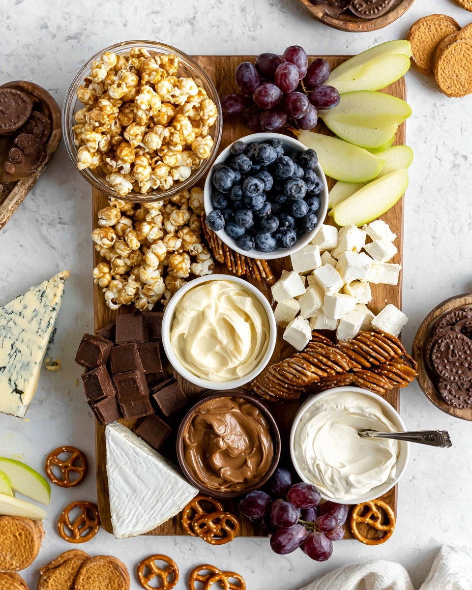 A wooden board holds a colorful snack arrangement on a white marbled surface. On the top left corner, there is a clear bowl filled with caramel popcorn. Below it, thin green apple slices lay next to a white bowl of peanuts. Moving right, there is another white bowl filled with fresh blueberries surrounded by pieces of soft white cheese with a creamy texture. To the right edge, more apple slices are placed next to little pretzels forming a cluster. Purple grapes cluster around the center lower part. In the bottom right corner, there is a white bowl filled with creamy white spread with a silver spoon inside. Below it, a brown bowl contains chocolate spread with square cracker pieces leaning inside. Several small chocolate-covered cookies are also placed nearby, along with more clusters of pretzels and thin round cookies. A wedge of pale blue cheese sits on the bottom left corner with a few apple slices next to it. The overall display is vibrant and inviting with varied textures and colors, shot from above, photo taken with an iphone --ar 4:5 --v 7