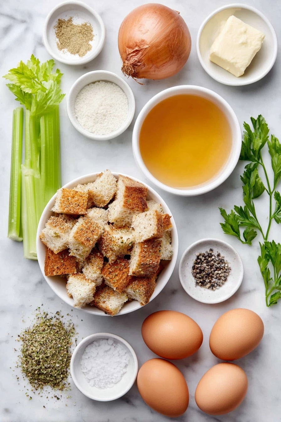 Flat lay of a small white ceramic bowl of dry seasoned bread cubes, a medium whole uncracked brown onion, two bright green celery ribs, a small white ceramic bowl with a portion of unsalted butter, two whole uncracked brown eggs with clean shells, a small white ceramic bowl of golden chicken broth, a little heap of dried poultry seasoning herbs, a small white ceramic bowl of fine garlic powder, a small white ceramic bowl of salt crystals, a small white ceramic bowl of black pepper, and a few sprigs of fresh green parsley placed neatly on a clean white marble surface, soft natural light, photo taken with an iPhone, professional food photography style, fresh ingredients, white ceramic bowls, no bottles, no duplicates, no utensils, no packaging --ar 2:3 --v 7 --p m7354615311229779997 - Stuffing Balls Holiday Side Dish, Easy Stuffing Balls Recipe, Festive Stuffing Bites, Cozy Holiday Side Dishes, Savory Stuffing Snacks