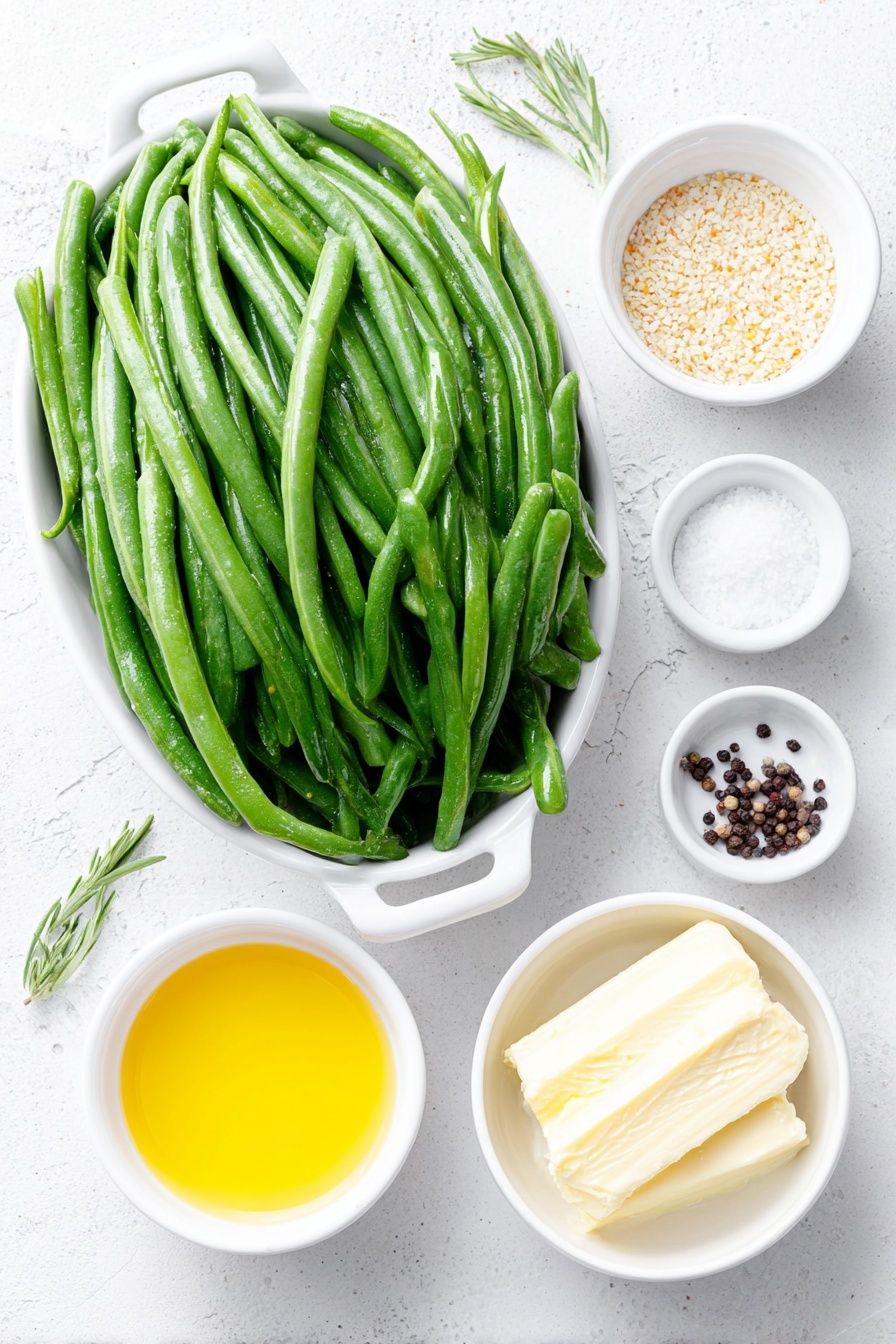 Flat lay of fresh green beans with ends trimmed, a small white ceramic bowl of coarse grain mustard with visible mustard seeds, a small white ceramic bowl of smooth Dijon mustard, a small white ceramic bowl containing melted golden butter, a small white ceramic bowl with lemon juice freshly squeezed, a few grains of kosher salt scattered beside a tiny mound, a small pile of whole black peppercorns, all arranged in perfect symmetry on a clean white ceramic surface, placed on a clean white marble surface, soft natural light, photo taken with an iPhone, professional food photography style, fresh ingredients, white ceramic bowls, no bottles, no duplicates, no utensils, no packaging --ar 2:3 --v 7 --p m7354615311229779997 - Green Beans with Mustard Butter Sauce, green beans side dish, quick green bean recipe, flavorful vegetable side, easy green bean recipe