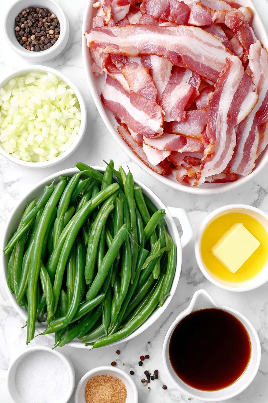 Flat lay of chopped crispy bacon slices, diced yellow onion in a small white bowl, a small white bowl of minced garlic, fresh green beans trimmed and cut into 1-inch pieces spread neatly, a small white bowl filled with golden butter, a small white bowl of dark brown Worcestershire sauce, a small white bowl with light brown granulated brown sugar, a small white bowl with clear vegetable broth, scattered salt crystals and whole black peppercorns, placed on a clean white marble surface, soft natural light, photo taken with an iPhone, professional food photography style, fresh ingredients, white ceramic bowls, no bottles, no duplicates, no utensils, no packaging --ar 2:3 --v 7 --p m7354615311229779997 - Slow Cooker Green Beans with Bacon, green beans and bacon recipe, crockpot green beans, savory green bean side dish, easy green beans with bacon
