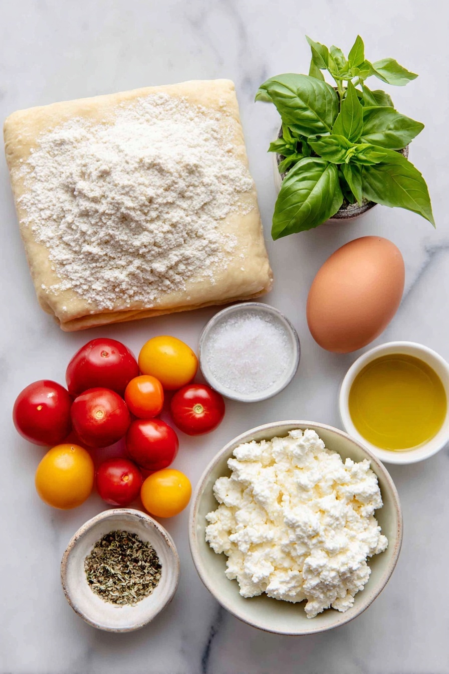 Flat lay of a fresh sheet of golden puff pastry, one whole uncracked brown egg, a small mound of creamy whole milk ricotta cheese on a simple white ceramic plate, a small white bowl filled with finely grated Parmigiano-Reggiano, a handful of bright green fresh basil leaves, a small white bowl of flaky sea salt crystals, a small white bowl of freshly ground black pepper, a few sprigs of dried oregano, a few sprigs of garlic powder in a small white bowl, a cluster of vibrant halved mini heirloom tomatoes in red, yellow, and orange hues, and a small white bowl of golden olive oil, all arranged in perfect symmetry on a clean white marble surface, soft natural light, photo taken with an iPhone, professional food photography style, fresh ingredients, white ceramic bowls, no bottles, no duplicates, no utensils, no packaging --ar 2:3 --v 7 --p m7354615311229779997 - Tomato Ricotta Puff Pastry Tartlets, easy appetizer recipes, quick brunch ideas, crowd-pleasing snacks, flaky puff pastry tartlets
