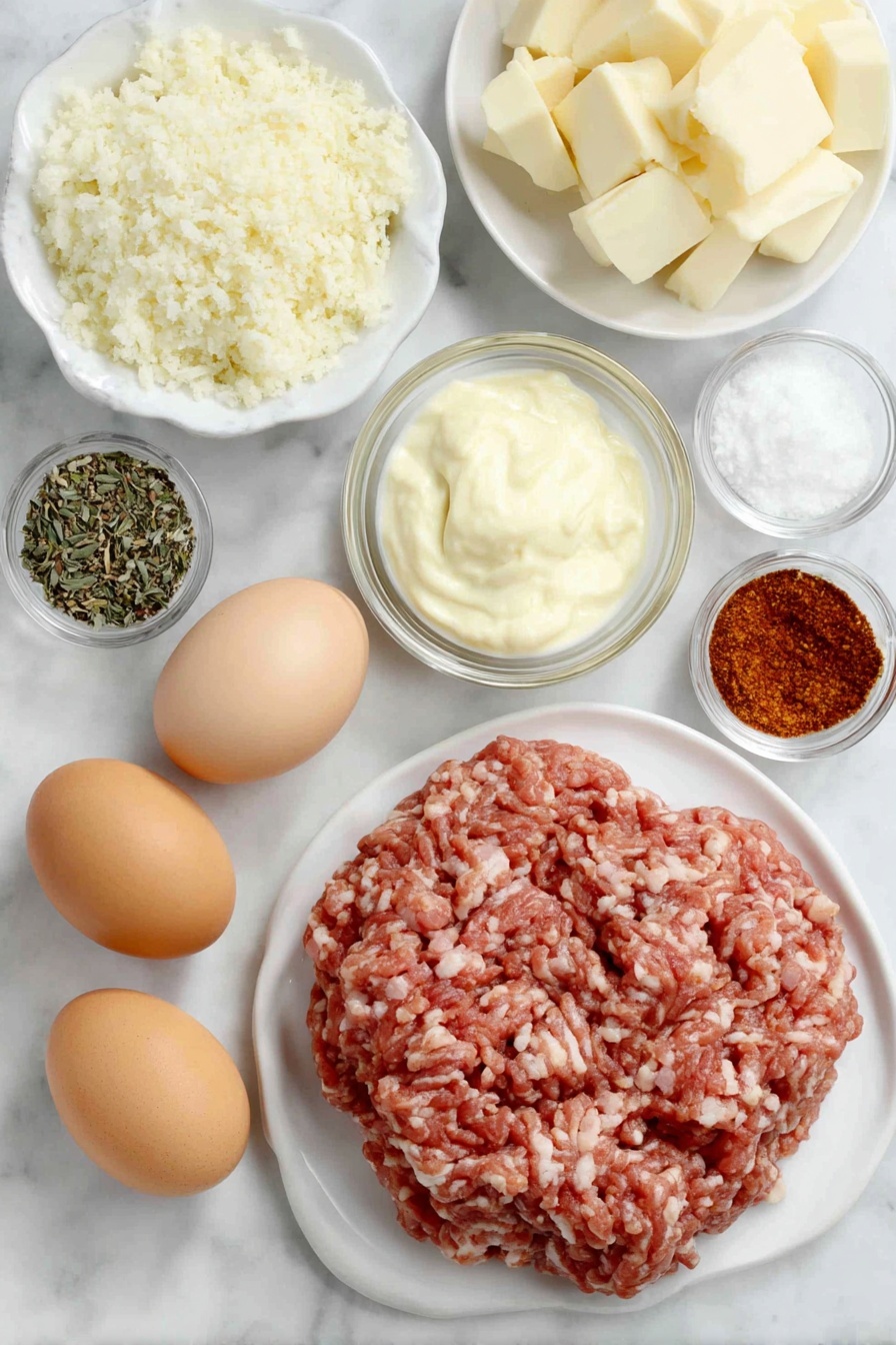Flat lay of fresh raw ground chicken in a mound, finely chopped smoked ham scattered beside it, two whole brown eggs with clean shells, small white ceramic bowls each containing garlic powder, onion powder, smoked paprika, dried thyme, salt, and freshly ground black pepper, a small white ceramic bowl filled with creamy Dijon mustard, a neat pile of golden Panko bread crumbs on a white ceramic plate, Swiss cheese cut into perfect half-inch cubes arranged neatly on a white ceramic dish, all ingredients arranged symmetrically with balanced proportions, placed on a clean white marble surface, soft natural light, photo taken with an iPhone, professional food photography style, fresh ingredients, white ceramic bowls, no bottles, no duplicates, no utensils, no packaging --ar 2:3 --v 7 --p m7354615311229779997 - Air Fryer Chicken and Swiss Cheese Bites, crispy chicken bites with Swiss cheese, easy air fryer appetizers, cheesy chicken snacks, quick party appetizers