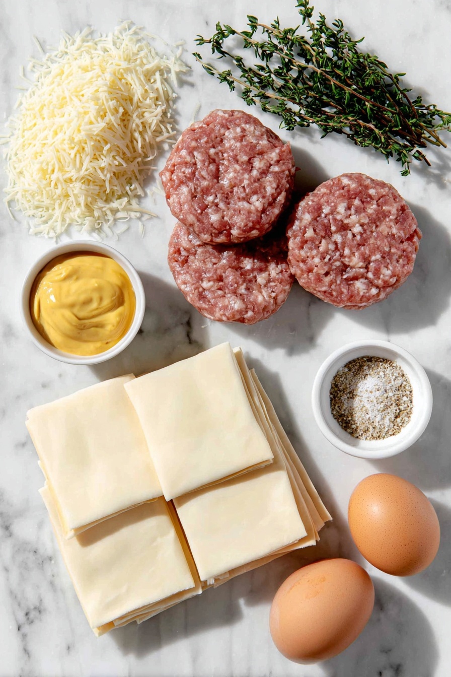Flat lay of breakfast pork and sage sausage raw and unprocessed, a small mound of freshly grated sharp cheddar cheese, a small heap of golden panko breadcrumbs, two whole uncracked brown eggs, a small white ceramic bowl of bright yellow Dijon mustard, fresh green thyme sprigs with loose leaves, four rectangular sheets of pale puff pastry neatly stacked, a small white ceramic bowl filled with coarse Everything but the Bagel seasoning, a small white ceramic bowl holding glossy amber hot honey, all arranged in perfect symmetry on a clean white marble surface, soft natural light, photo taken with an iPhone, professional food photography style, fresh ingredients, white ceramic bowls, no bottles, no duplicates, no utensils, no packaging --ar 2:3 --v 7 --p m7354615311229779997 - Hot Honey Sausage Rolls with Thyme, savory sausage rolls with honey and thyme, flaky pastry sausage bites, spicy honey sausage snack, easy savory sausage appetizers