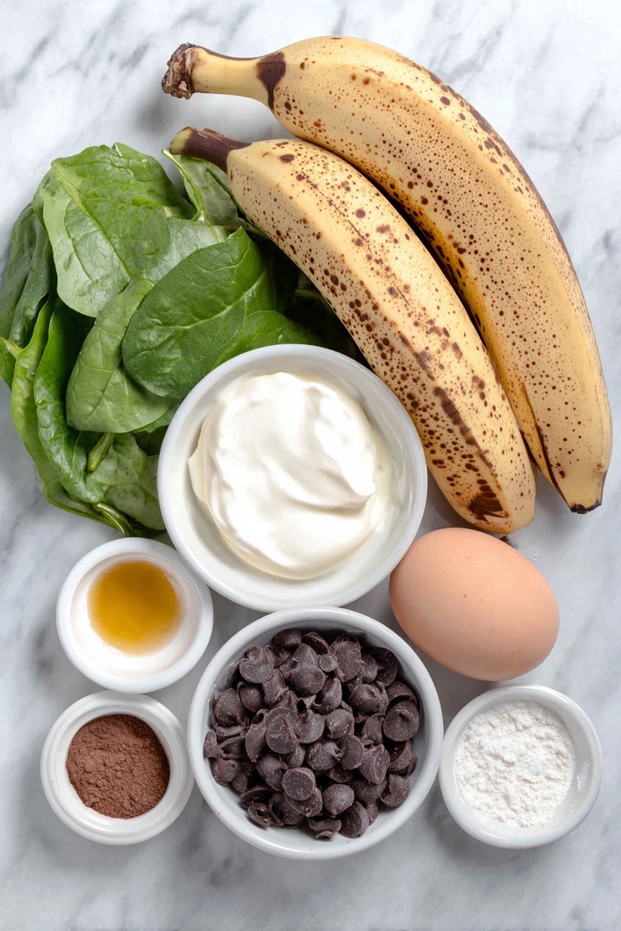 Flat lay of three very ripe bananas with smooth brown spots, two large handfuls of fresh vibrant green baby spinach leaves, a single whole uncracked brown egg, a small white ceramic bowl of creamy white full-fat Greek yogurt, a small white ceramic bowl of amber-colored oil, a small white ceramic bowl of light brown granulated sugar, a small white ceramic bowl of fine white whole wheat flour, a small white ceramic bowl of dark brown cocoa powder, a small white ceramic bowl of smooth pale beige vanilla extract, a small white ceramic bowl of fine sea salt crystals, and a small white ceramic bowl of shiny semi-sweet dark chocolate chips placed on a clean white marble surface, soft natural light, photo taken with an iPhone, professional food photography style, fresh ingredients, white ceramic bowls, no bottles, no duplicates, no utensils, no packaging --ar 2:3 --v 7 --p m7354615311229779997 - Healthy Chocolate Spinach Muffins, chocolate spinach muffins, healthy quick breakfast muffins, moist chocolate healthy muffins, veggie-packed chocolate muffins