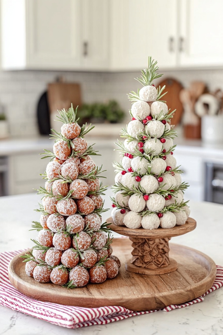 The image shows two cone-shaped towers made of small round balls stacked in neat layers on a round wooden tray with a red-striped cloth on the side. The left tower is made of brown doughnut balls dusted with white powder and decorated with green sprigs of rosemary evenly spaced throughout the layers. The right tower consists of white powdered balls arranged in similar layers with small red berries and sprigs of rosemary tucked between the layers, all standing on a carved wooden pedestal on the tray. The scene is set on a white marbled counter with a blurred kitchen background. photo taken with an iphone --ar 2:3 --v 7 - Christmas Donut Tree, holiday dessert ideas, festive donut decorations, Christmas party treats, edible holiday centerpiece