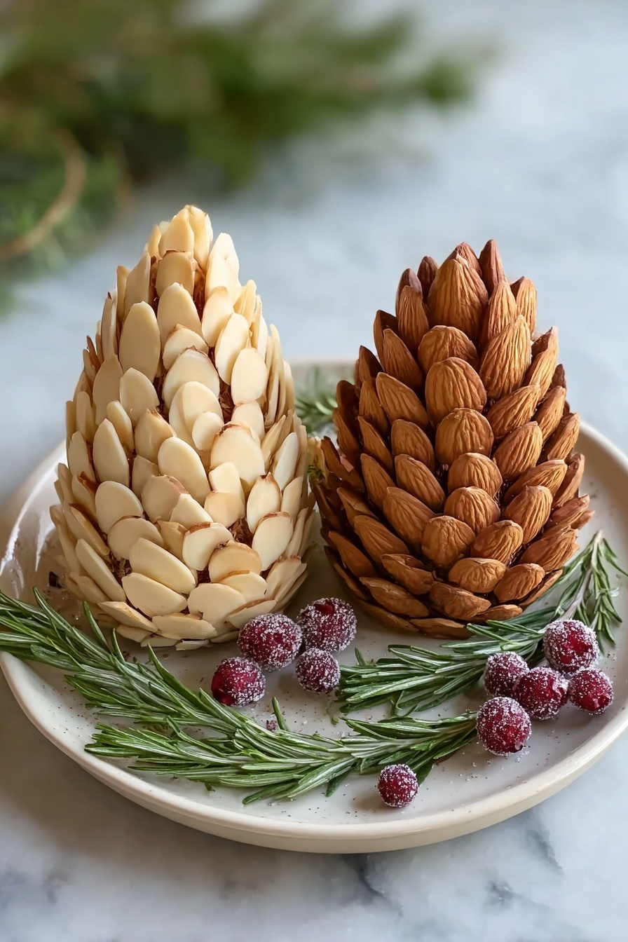Two pine cone shaped treats sit on a white plate with a white marbled surface background. The left pine cone is covered in pale, thin almond slices layered closely together from the base to the pointed top. The right pine cone is covered in whole brown almonds layered similarly. Between and around the pine cones there are sprigs of green rosemary and small, sugar-coated red berries that add contrast and a festive look. Photo taken with an iphone --ar 2:3 --v 7 - Pinecone Cheese Ball with Almonds and Rosemary, festive cheese ball appetizer, easy party cheese dip, holiday cheese ball recipe, eye-catching appetizer ideas