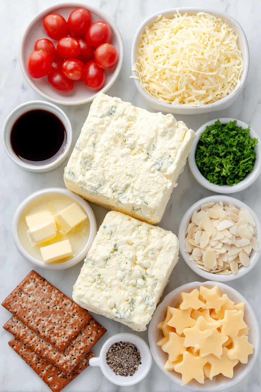 Flat lay of two blocks of soft cream cheese, a small mound of finely shredded bright orange cheddar cheese, a few chopped green onions, a small white bowl of diced red pimientos, a small white bowl with melted golden butter, a small white bowl of Worcestershire sauce, a small white bowl containing pale garlic powder, a small white bowl of coarse kosher salt, a small white bowl of ground black pepper, a dozen halved shiny red cherry tomatoes, a small pile of finely chopped fresh green parsley, a small pile of thinly sliced almonds, a bright yellow pepper cut into star-shaped pieces, assorted crackers and pretzels arranged neatly, all placed on a clean white marble surface, soft natural light, photo taken with an iPhone, professional food photography style, fresh ingredients, white ceramic bowls, no bottles, no duplicates, no utensils, no packaging --ar 2:3 --v 7 --p m7354615311229779997 - Christmas Tree Cheddar Cheese Ball, festive cheese ball appetizers, holiday cheese ball ideas, Christmas party appetizers, easy holiday cheese ball