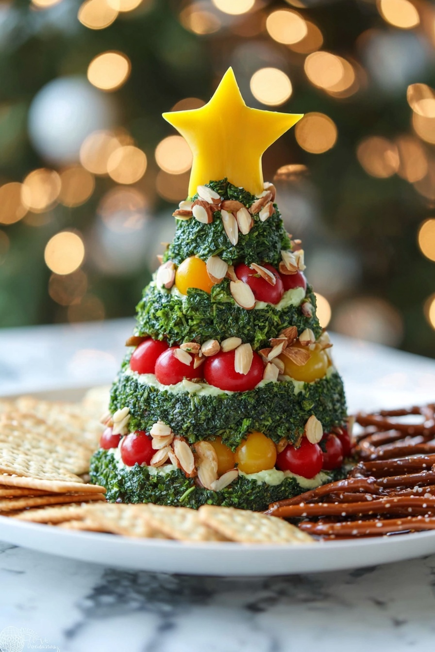 The dish shows a Christmas tree-shaped food sculpture with three main visible layers covered in chopped green herbs. The base layers are decorated with thin slices of light brown almonds arranged like garlands, with bright red cherry tomatoes and small yellow diced pieces like bell peppers placed all over the tree. The top of the tree is finished with a large, star-shaped yellow piece. The tree sits on a white plate with round crackers and dark brown pretzel sticks placed around its base, all on a white marbled surface with warm blurred lights in the background. Photo taken with an iphone --ar 2:3 --v 7 - Christmas Tree Cheddar Cheese Ball, festive cheese ball appetizers, holiday cheese ball ideas, Christmas party appetizers, easy holiday cheese ball