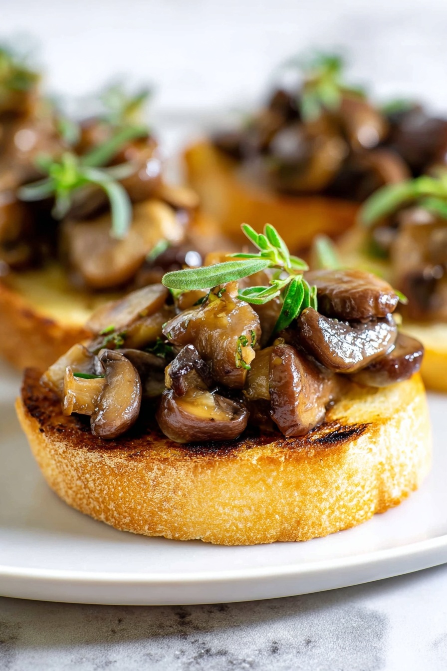 The image shows a close-up of a small round toast slice as the base, golden brown with light grill marks and a slightly rough texture. On top of the toast is a generous layer of sautéed mushrooms in varying shades of brown, some shiny from oil, with a mix of small and large mushroom pieces creating a textured and chunky look. The mushrooms are garnished with small fresh green herb sprigs placed on top, adding a pop of color. The toast with mushrooms is placed on a white plate set against a white marbled background. photo taken with an iphone --ar 2:3 --v 7 - Mushroom Thyme Crostini, Mushroom Crostini Appetizer, Easy Mushroom Crostini, Elegant Crostini Ideas, Crowd-Pleasing Mushroom Snack