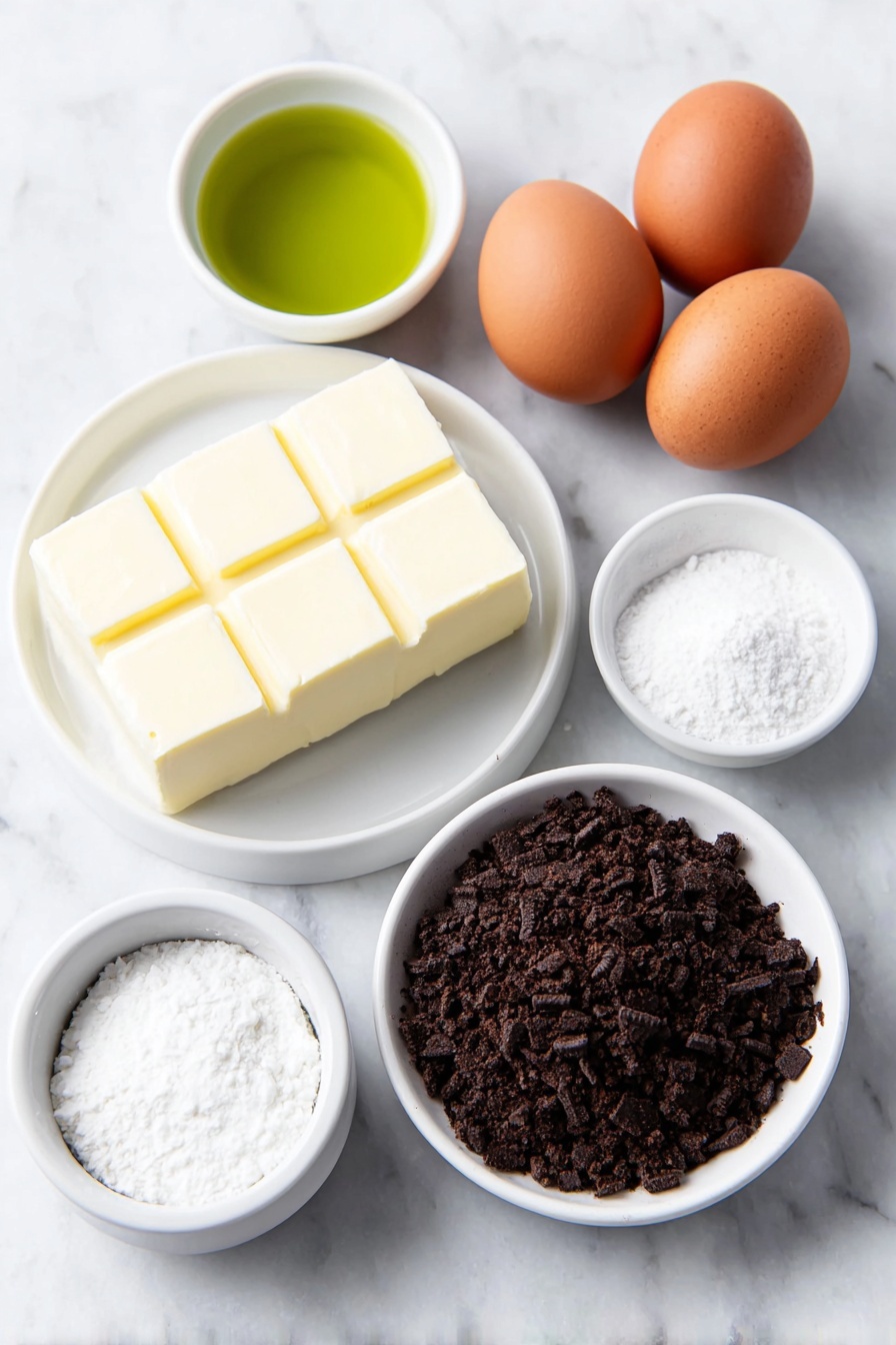 Flat lay of a small mound of dark Oreo cookie crumbs, a few small cubes of pale yellow melted butter on a plain white ceramic plate, two smooth whole brown eggs with clean shells, a soft block of creamy white cream cheese resting on a simple white ceramic dish, a small white ceramic bowl filled with fine white granulated sugar, a small white ceramic bowl holding neon green liquid food coloring, and a small white ceramic bowl of clear vanilla extract, all arranged with perfect symmetry and balanced proportions, placed on a clean white marble surface, soft natural light, photo taken with an iPhone, professional food photography style, fresh ingredients, white ceramic bowls, no bottles, no duplicates, no utensils, no packaging --ar 2:3 --v 7 --p m7354615311229779997 - Grinch Mini Cheesecakes, festive holiday cheesecakes, Christmas dessert ideas, bite-sized holiday treats, green themed mini cheesecakes
