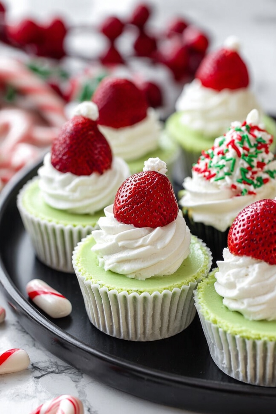 The image shows several mini green cheesecakes in white cupcake liners arranged on a dark round plate placed on a white marbled surface. Each cheesecake has a smooth pale green layer topped with white whipped cream. Some cheesecakes are decorated with whole red strawberries placed on top of a swirl of whipped cream, resembling little Santa hats. One cheesecake in the background has whipped cream topped with red and green sprinkles. The background also includes red berries and white peppermint candies blurred out. Photo taken with an iphone --ar 2:3 --v 7 - Grinch Mini Cheesecakes, festive holiday cheesecakes, Christmas dessert ideas, bite-sized holiday treats, green themed mini cheesecakes