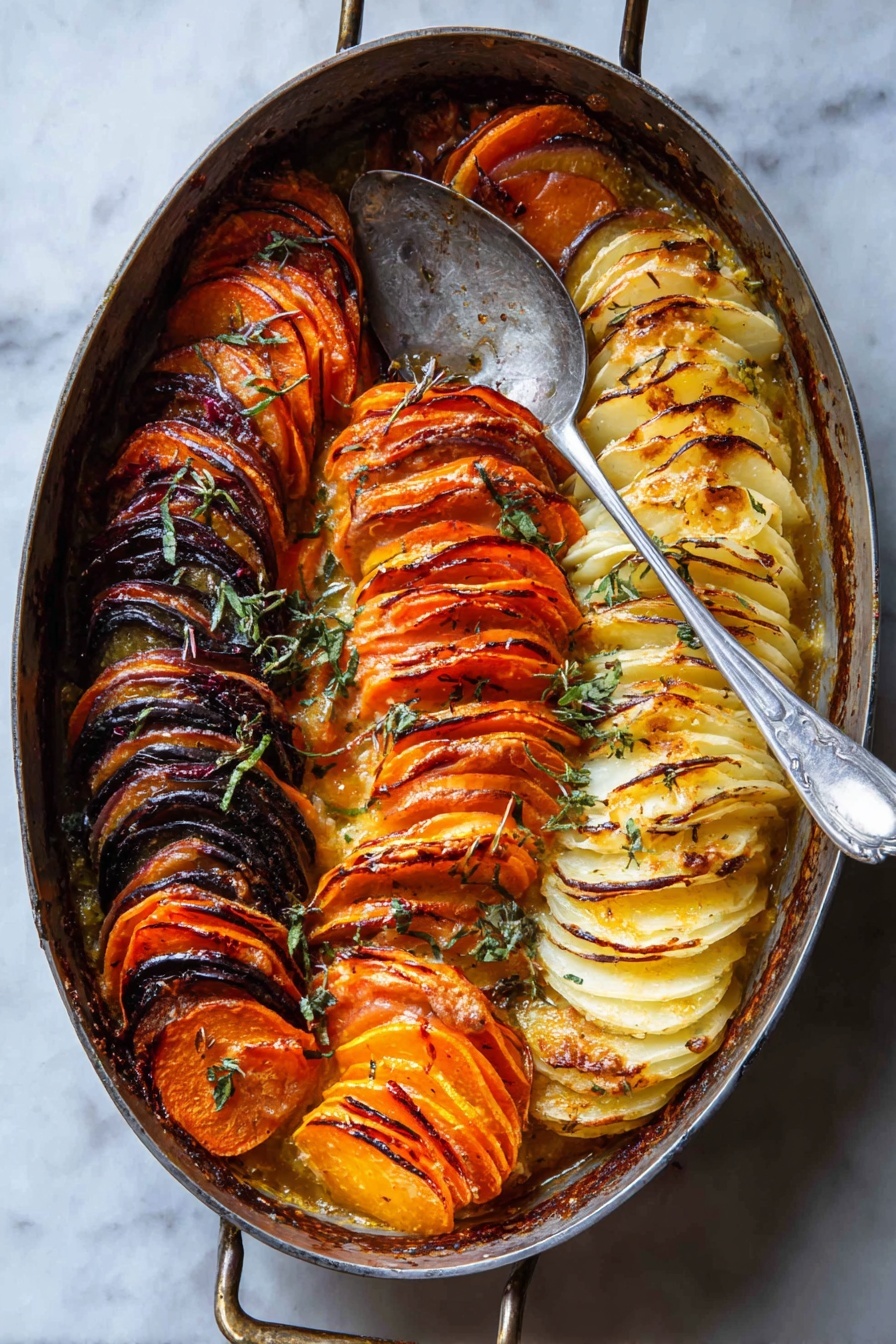 An oval metal baking dish holds a colorful layered vegetable gratin arranged in a neat row of five groups. Starting from the top left, there is a layer of bright orange slices, followed by a layer of pale yellow slices with light browning, next to a middle layer of deep purple slices with some charred edges. Below that, there is another layer of bright orange slices, similar to the top, and lastly, a layer of pale off-white slices with some golden spots at the bottom right. The slices are thin and arranged closely in vertical rows, with some fresh green herb sprigs sprinkled on top. A large metal spoon rests inside the dish on a white marbled surface beneath it. photo taken with an iphone --ar 2:3 --v 7 - Cheesy Root Vegetable Gratin, root vegetable gratin, cheesy vegetable bake, holiday vegetable side dish, comforting root veggie casserole
