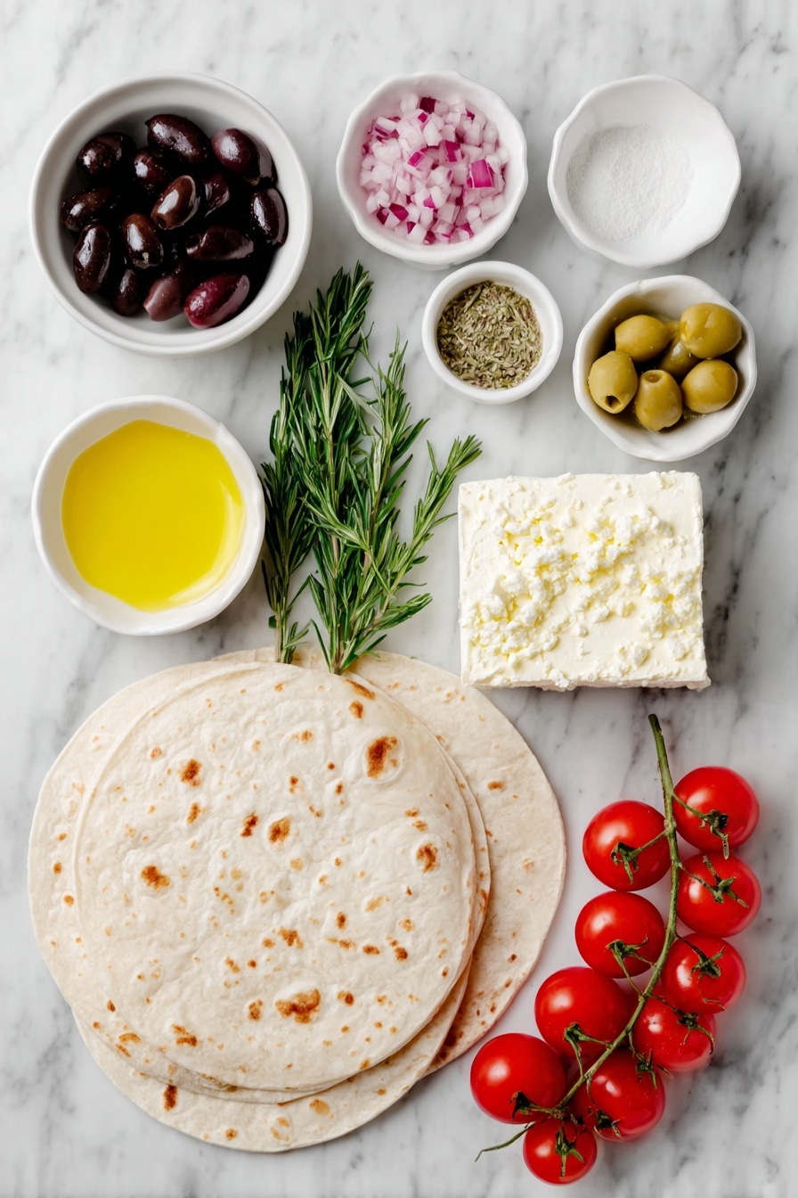 Flat lay of two blocks of smooth cream cheese, a small white bowl of finely chopped red peppers, a small white bowl of sliced green olives, a small white bowl of sliced black olives, a small white bowl containing bright yellow lemon juice, a small white bowl with garlic powder, a small white bowl with onion powder, a few sprigs of fresh green dill, two plain large white tortillas stacked neatly, two large spinach green tortillas stacked neatly, several sprigs of fresh rosemary, and a handful of glossy red cherry tomatoes, all arranged with perfect symmetry on a clean white marble surface, soft natural light, photo taken with an iPhone, professional food photography style, fresh ingredients, white ceramic bowls, no bottles, no duplicates, no utensils, no packaging --ar 2:3 --v 7 --p m7354615311229779997 - Christmas Tree Cream Cheese Pinwheels, festive holiday appetizers, easy Christmas party snacks, cream cheese pinwheels recipe, holiday appetizer ideas