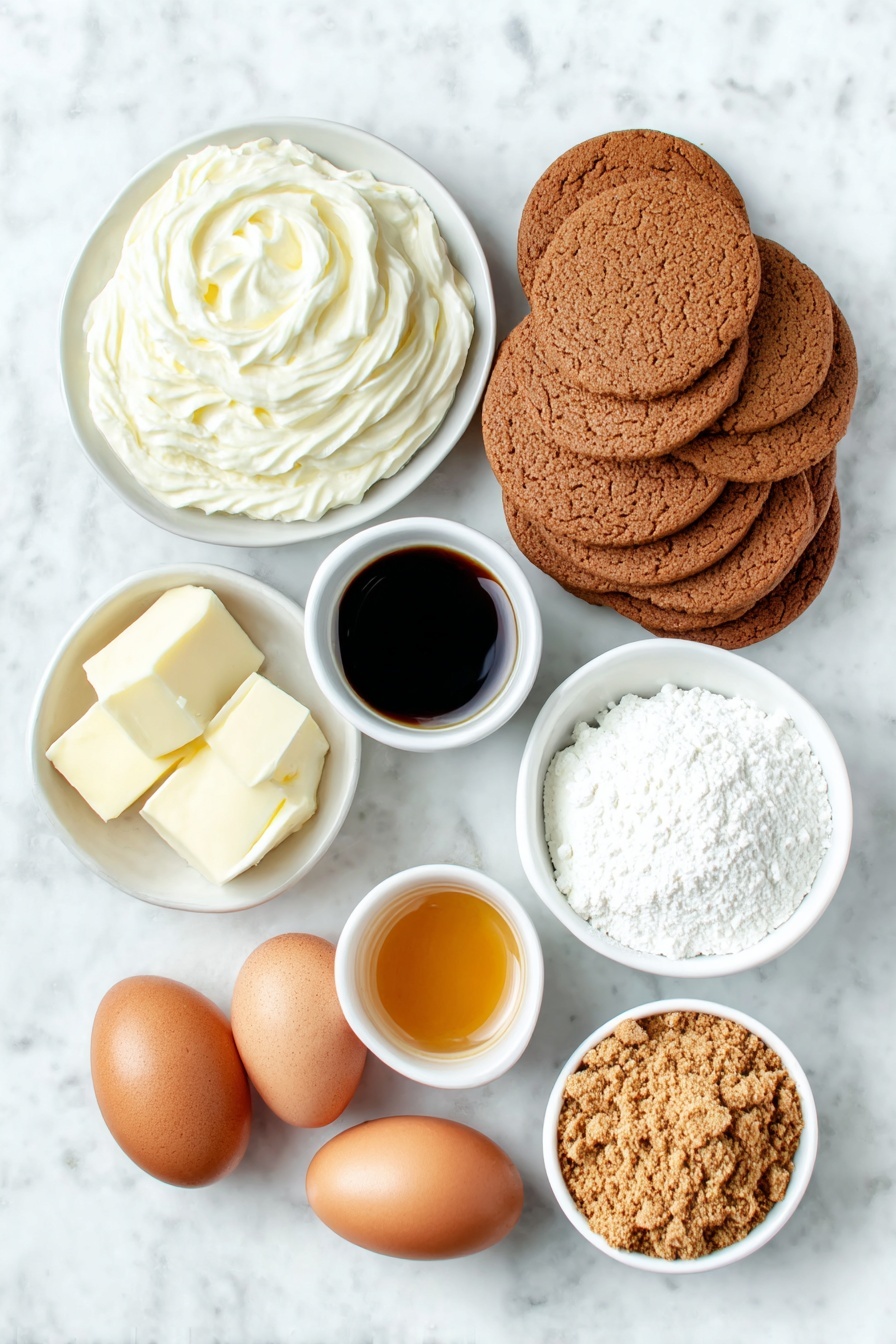 Flat lay of two whole uncracked brown eggs, a small mound of mascarpone cheese on a white ceramic plate, a small white bowl of thick heavy cream, a small white bowl of rich eggnog, a small white bowl filled with hot coffee, a small white bowl containing golden rum extract, a neat stack of round gingerbread cookies, a small white bowl of powdered sugar, a small white bowl of cocoa powder, and a small white bowl with crushed gingerbread cookie crumbs, all arranged in perfect symmetry on a clean white marble surface, soft natural light, photo taken with an iPhone, professional food photography style, fresh ingredients, white ceramic bowls, no bottles, no duplicates, no utensils, no packaging --ar 2:3 --v 7 --p m7354615311229779997 - Gingerbread Tiramisu Dessert, holiday gingerbread tiramisu, festive tiramisu recipe, gingerbread layered dessert, seasonal holiday dessert